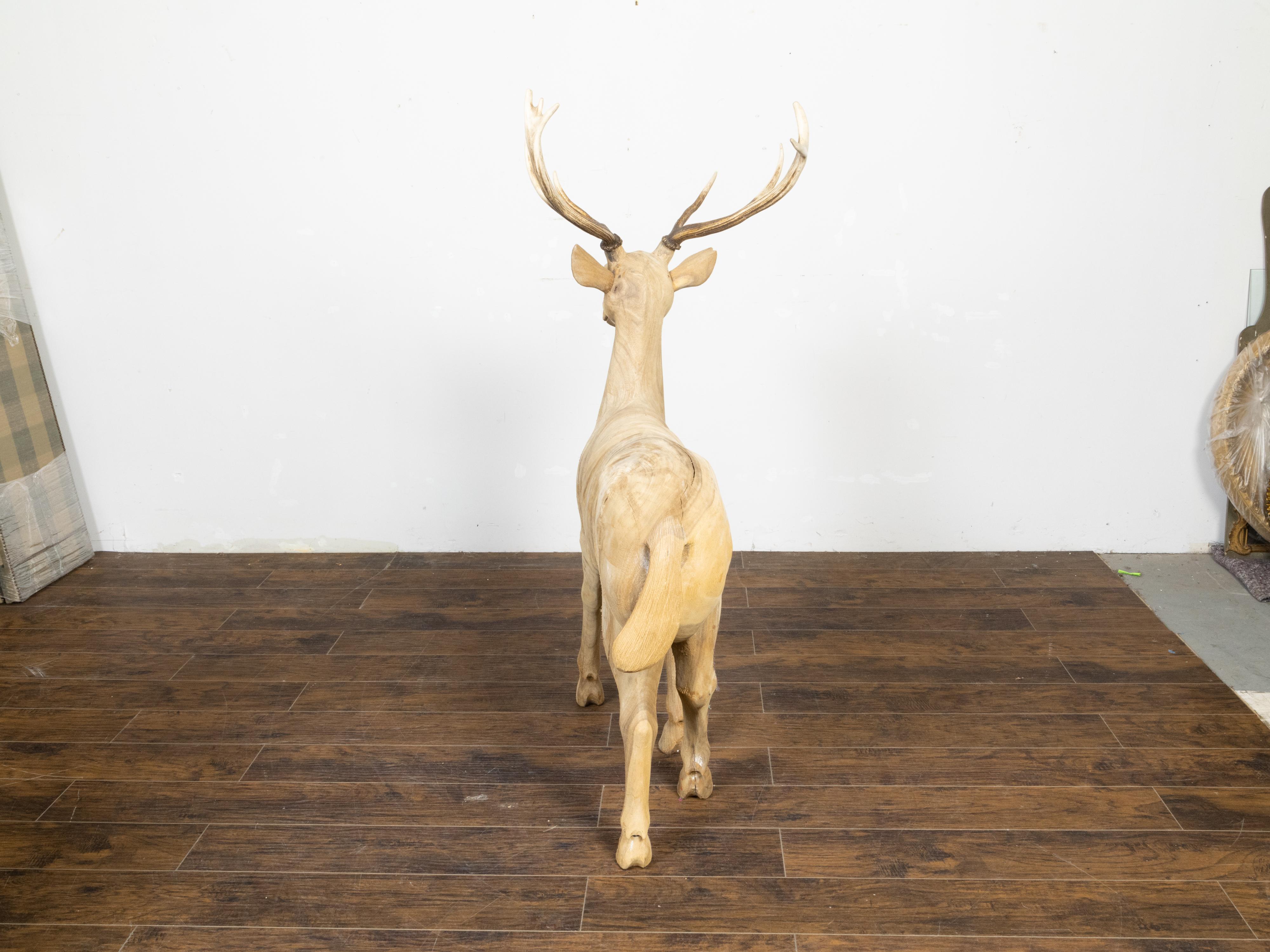 Mid-Century Modern Vintage Midcentury Sculpture of a Walking Stag with Antlers and Natural Patina For Sale