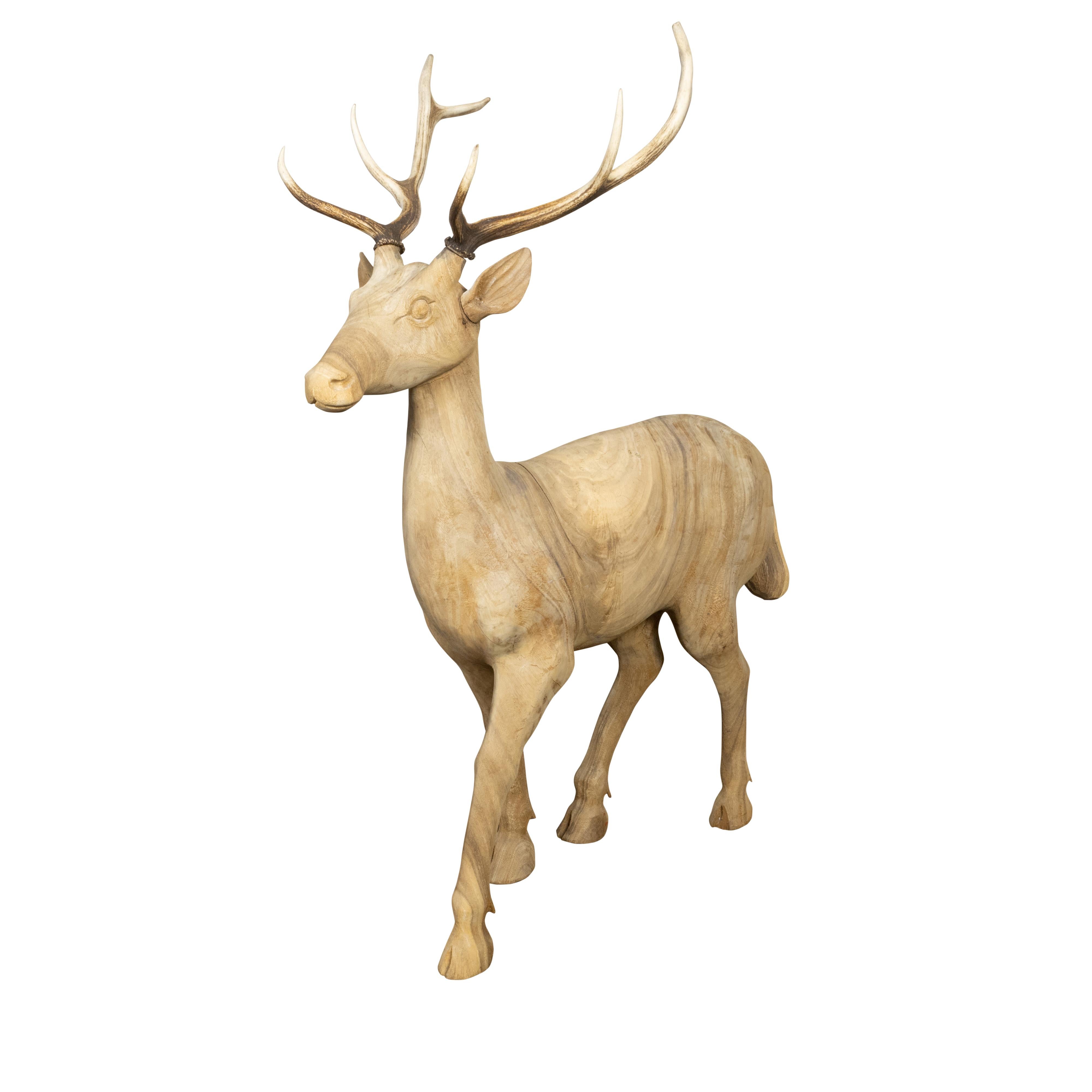 Vintage Midcentury Sculpture of a Walking Stag with Antlers and Natural Patina In Good Condition For Sale In Atlanta, GA