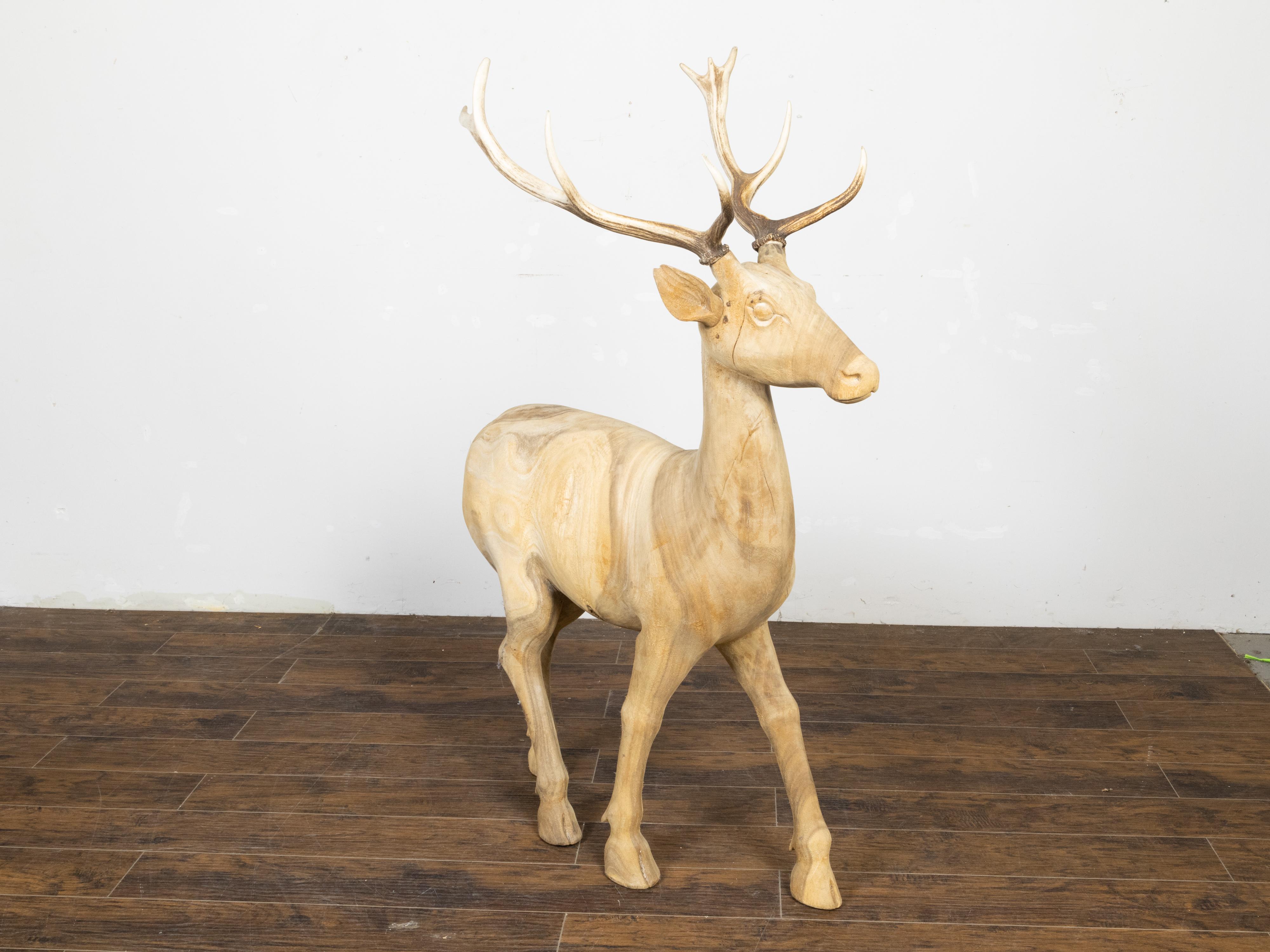 Wood Vintage Midcentury Sculpture of a Walking Stag with Antlers and Natural Patina For Sale