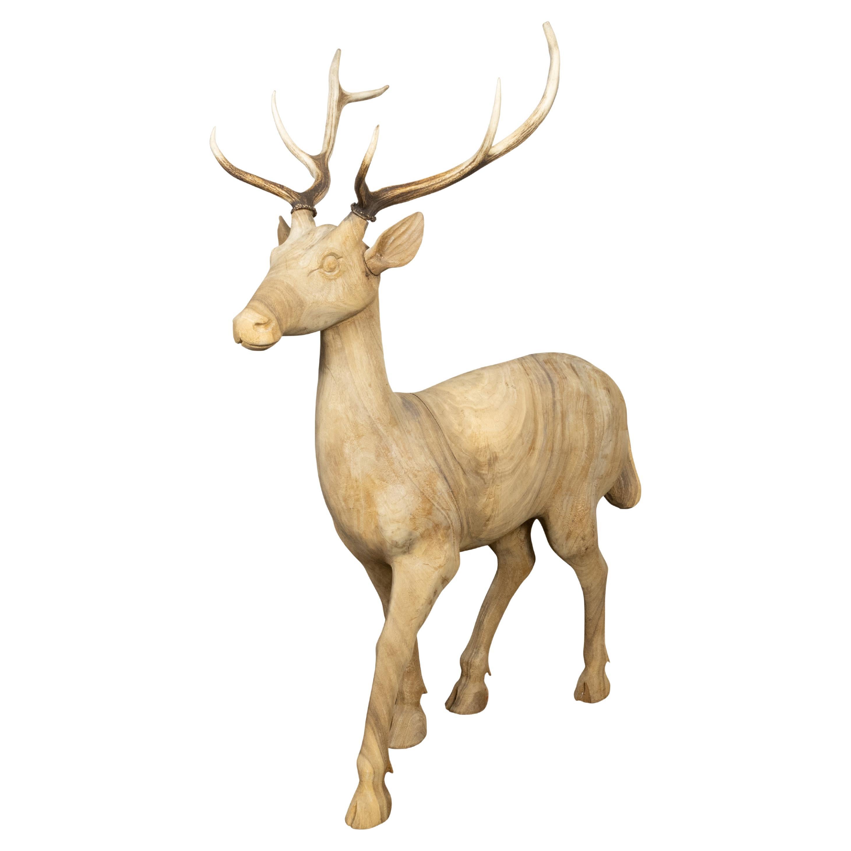 Vintage Midcentury Sculpture of a Walking Stag with Antlers and Natural Patina For Sale
