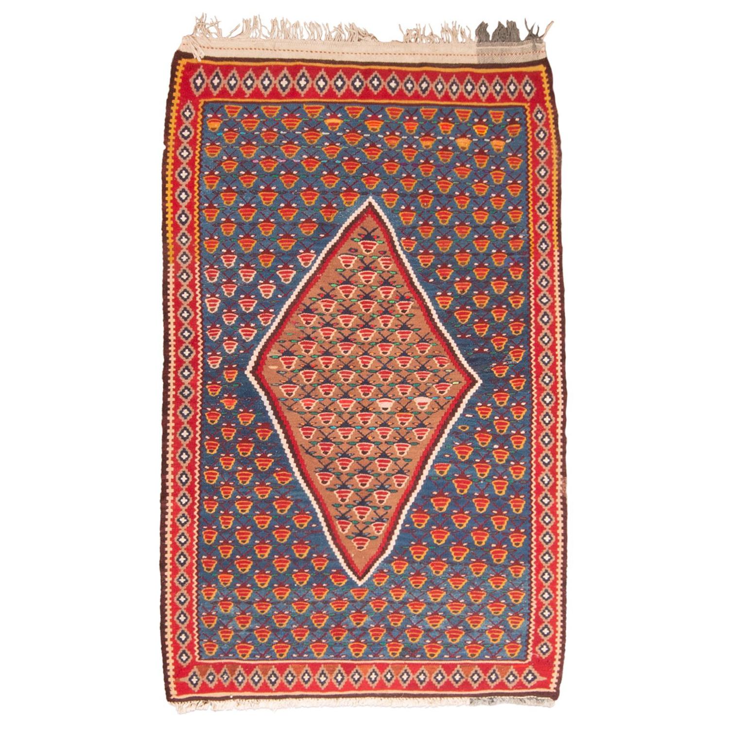 Vintage Midcentury Senneh Red and Blue Persian Kilim Rug