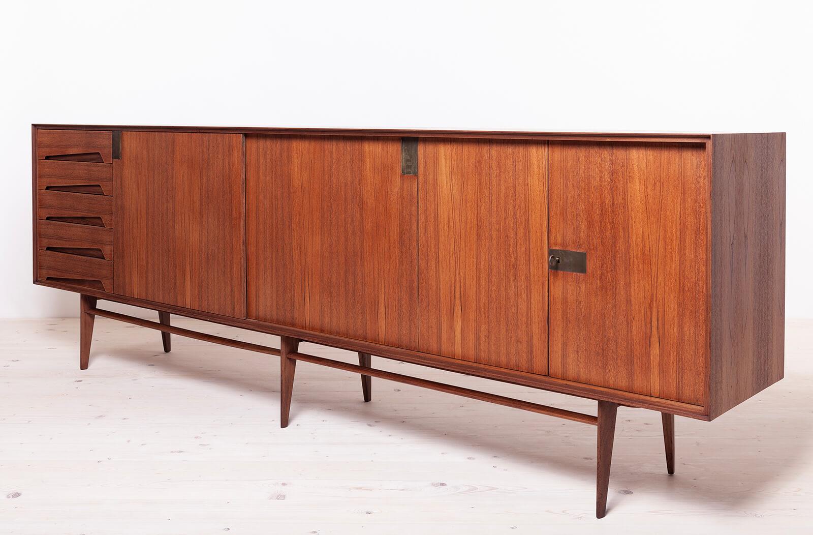 Mid-20th Century Vintage Midcentury Sideboard: Edmondo Palutari Design, Teak Wood & Brass Details For Sale