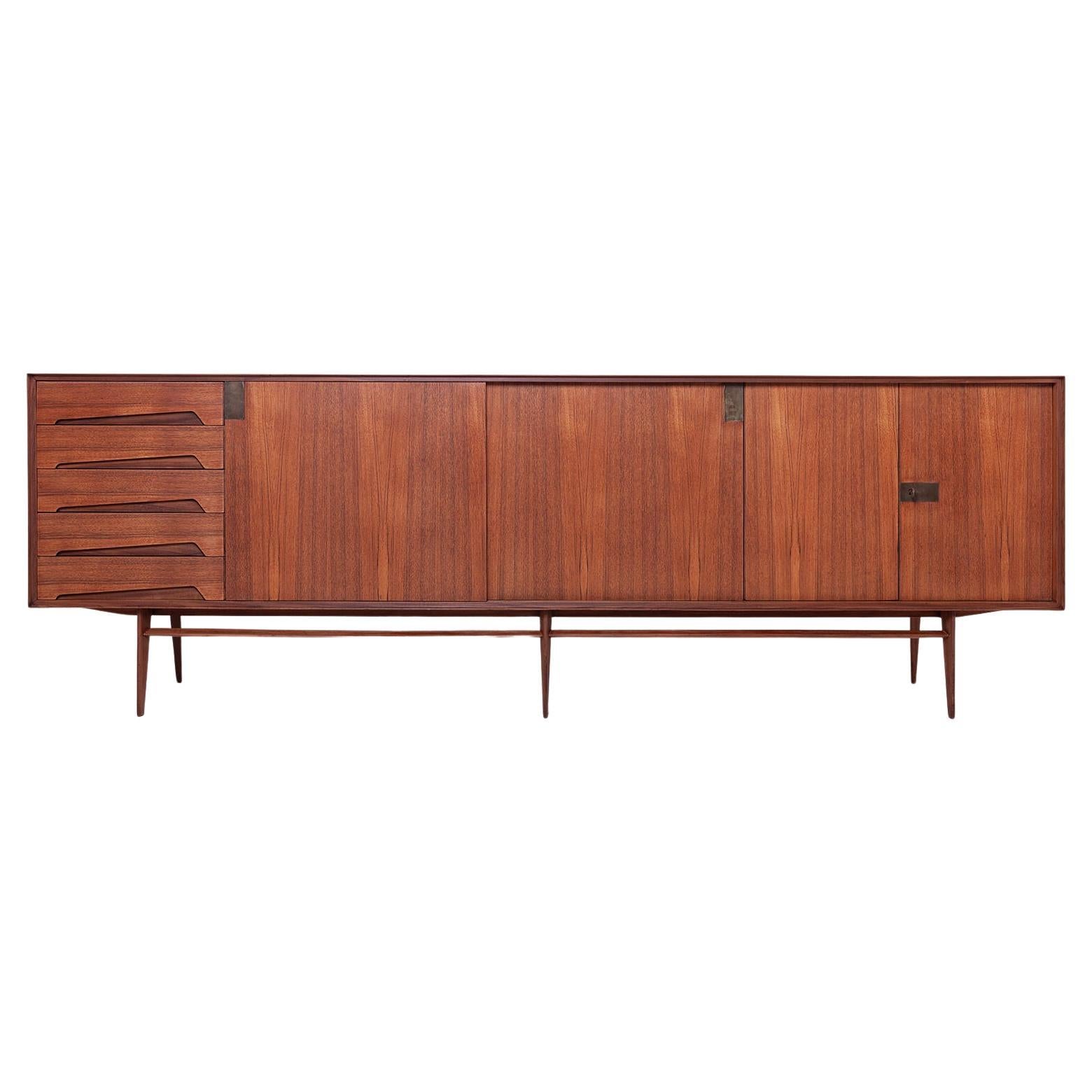 Vintage Midcentury Sideboard: Edmondo Palutari Design, Teak Wood & Brass Details For Sale