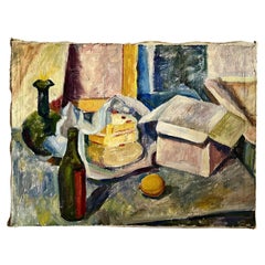 Bodegón vintage de mediados de siglo Pintura al óleo sobre lienzo Después de la fiesta