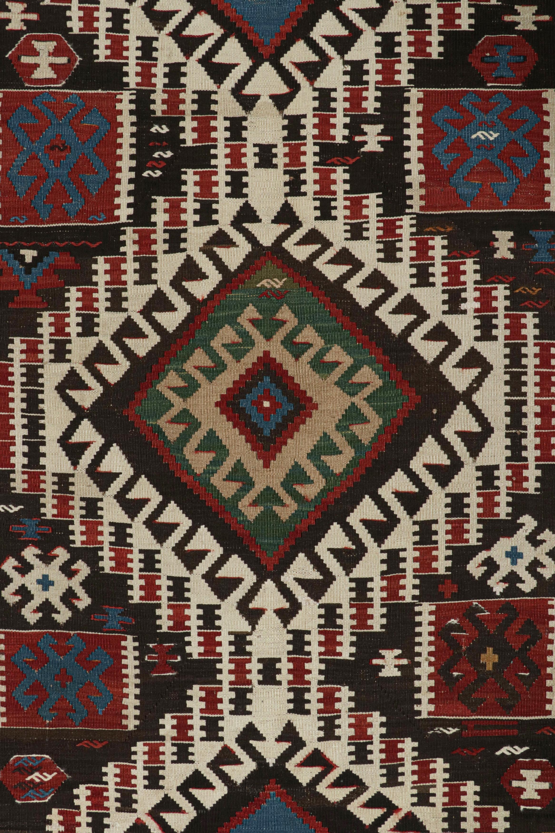Turkish Vintage Midcentury Surakhani Geometric Beige-Brown and Burgundy Wool Kilim Rug For Sale