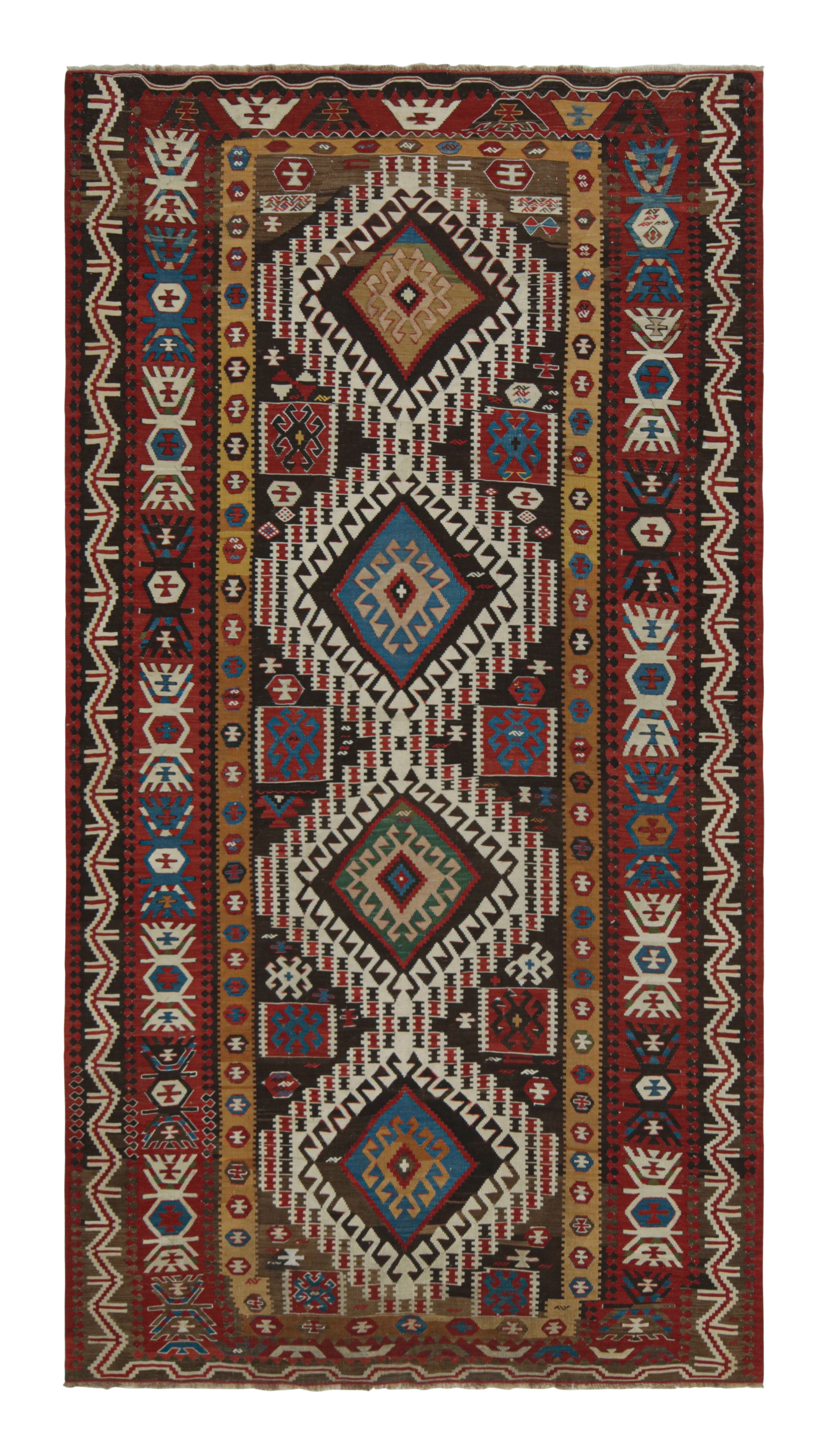 Vintage Midcentury Surakhani Geometric Beige-Brown and Burgundy Wool Kilim Rug For Sale
