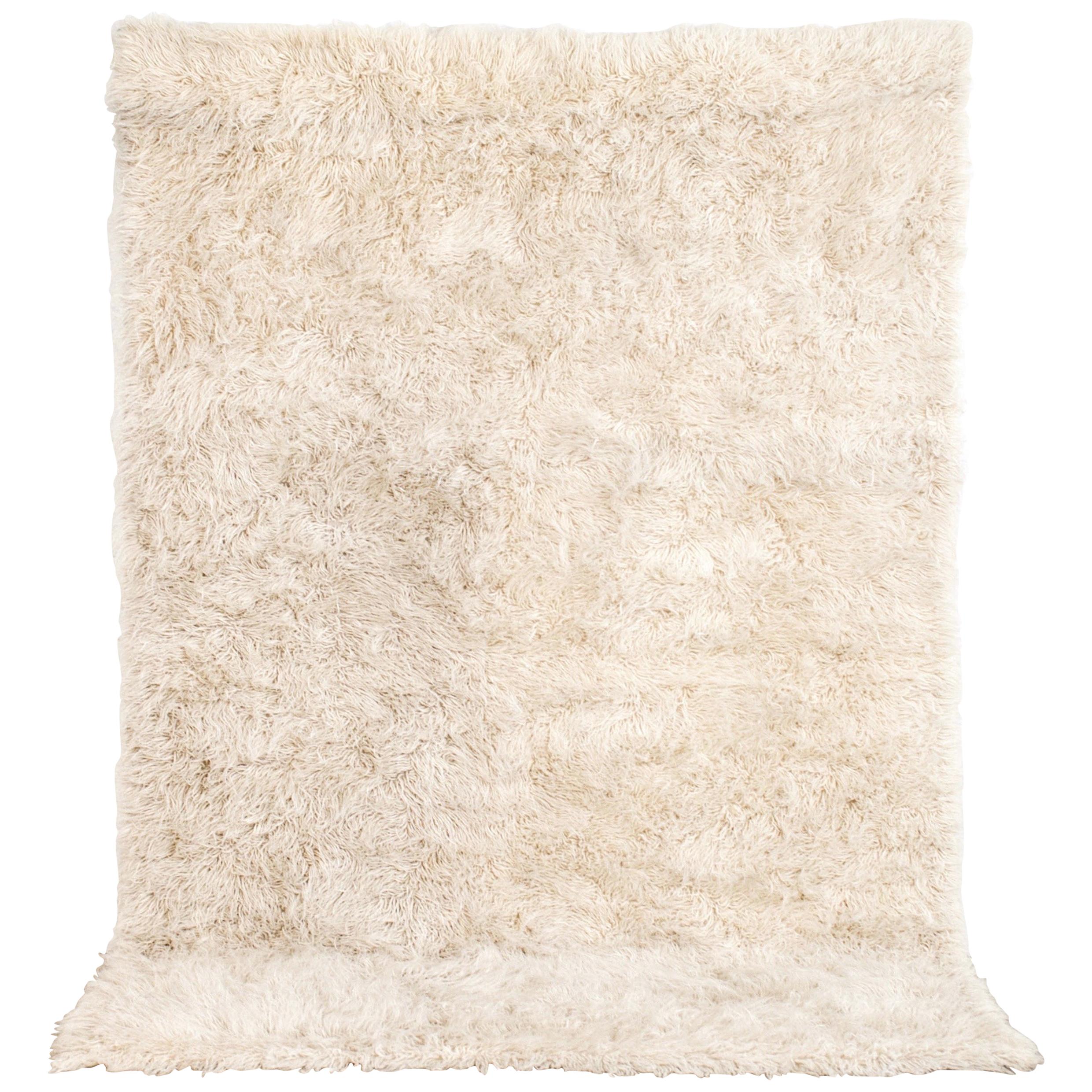 Vintage Midcentury Swedish Modern Rya Natural Beige Wool Shag Rug For Sale