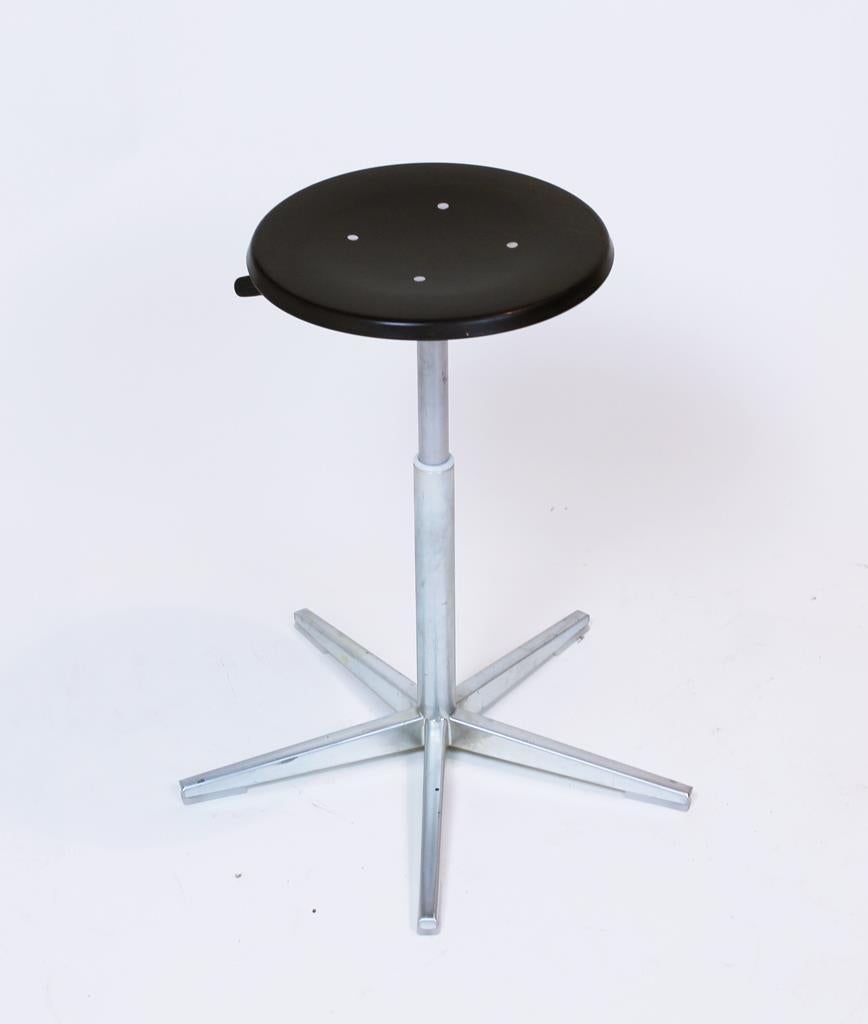 Vintage timeless Classic Swiss modern 
Steel and plywood height adjustable swivel stool
 