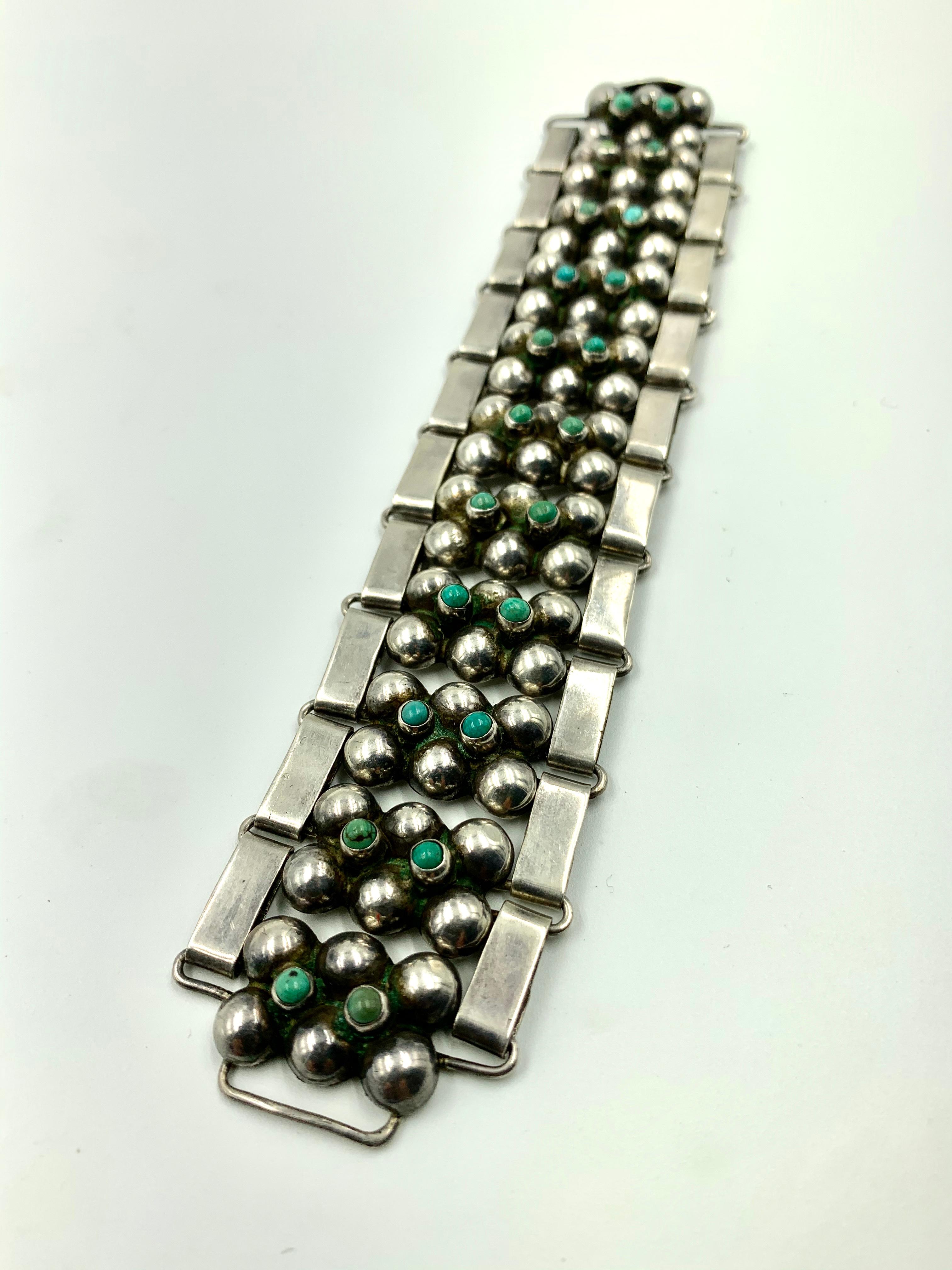 Vintage Mid Century Taxco Mexican Modernist Silver and Turquoise Wide Necklace In Good Condition In New York, NY