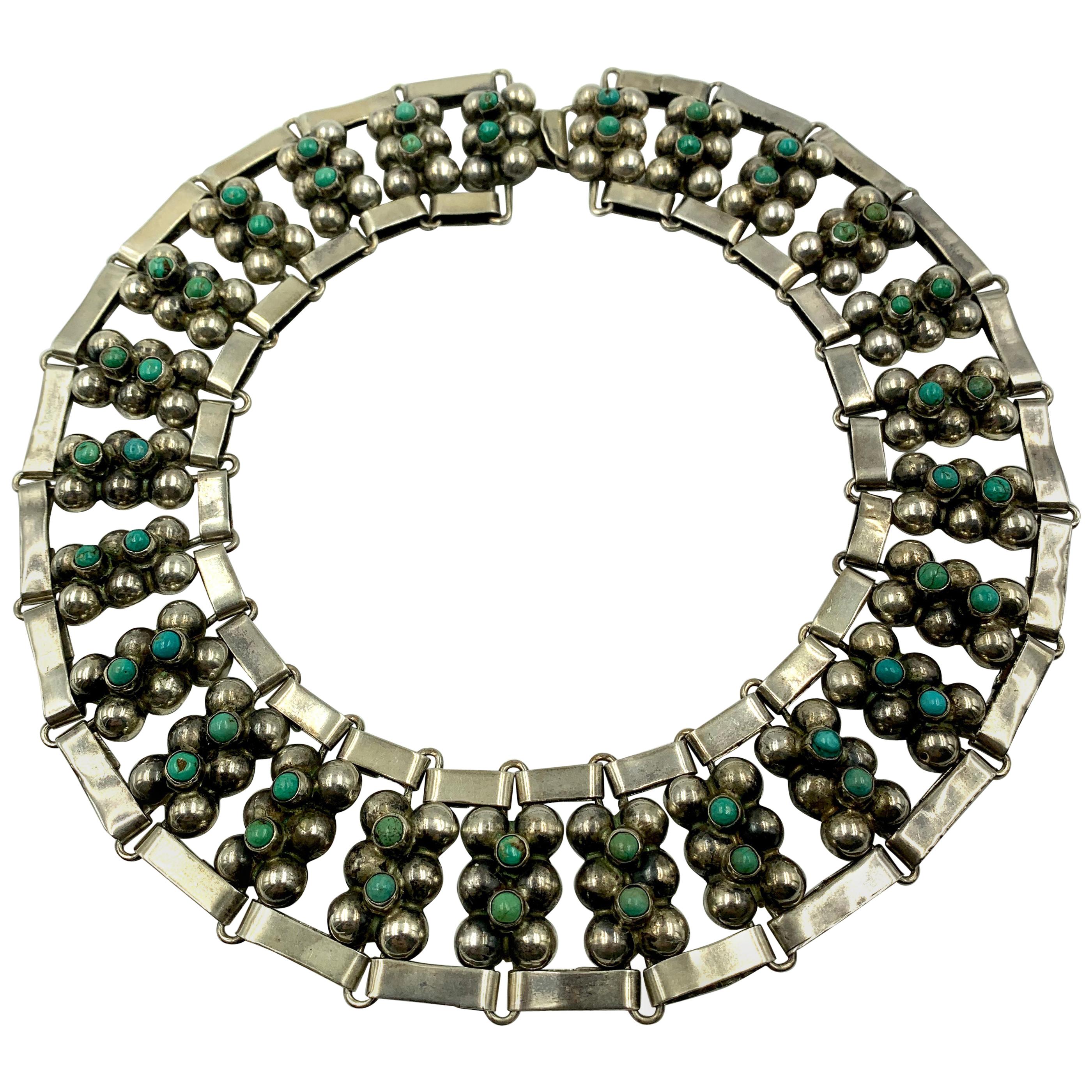 Vintage Mid Century Taxco Mexican Modernist Silver and Turquoise Wide Necklace