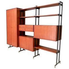 Vintage Midcentury Teak, Metal and Brass Bookcase, Italy, 1960s