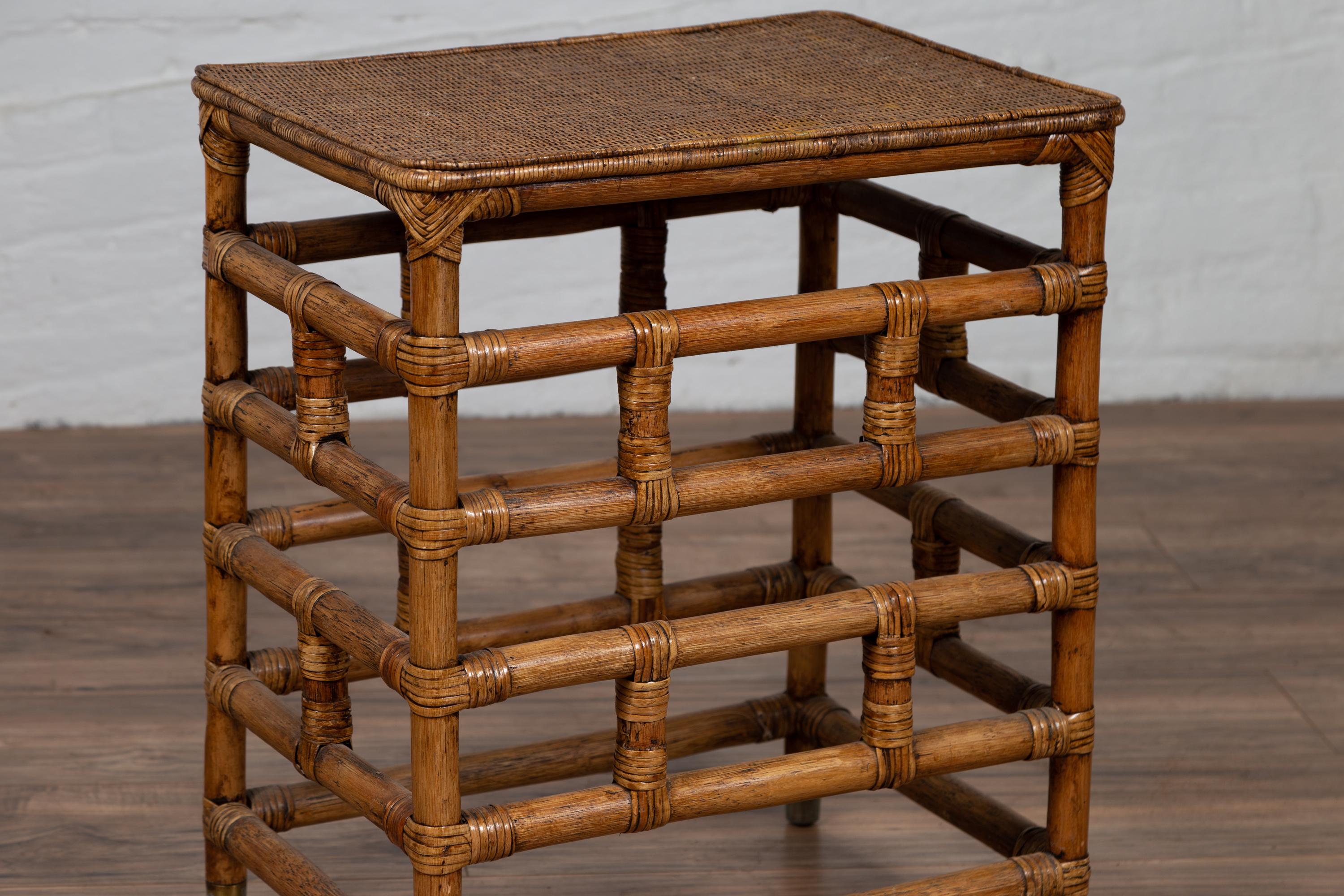 20th Century Vintage Midcentury Thai Side Table with Rattan Top and Bamboo Base