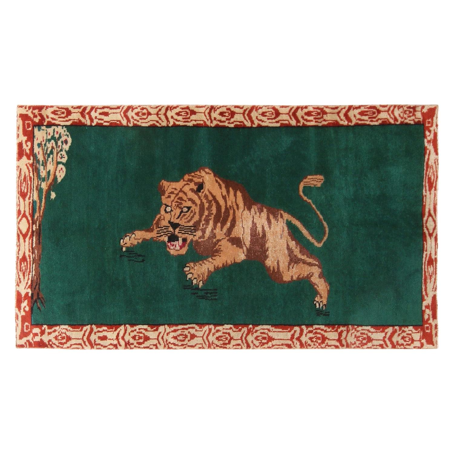 Vintage Midcentury Tiger Pictorial Green and Beige Wool Rug with Red Border Acc