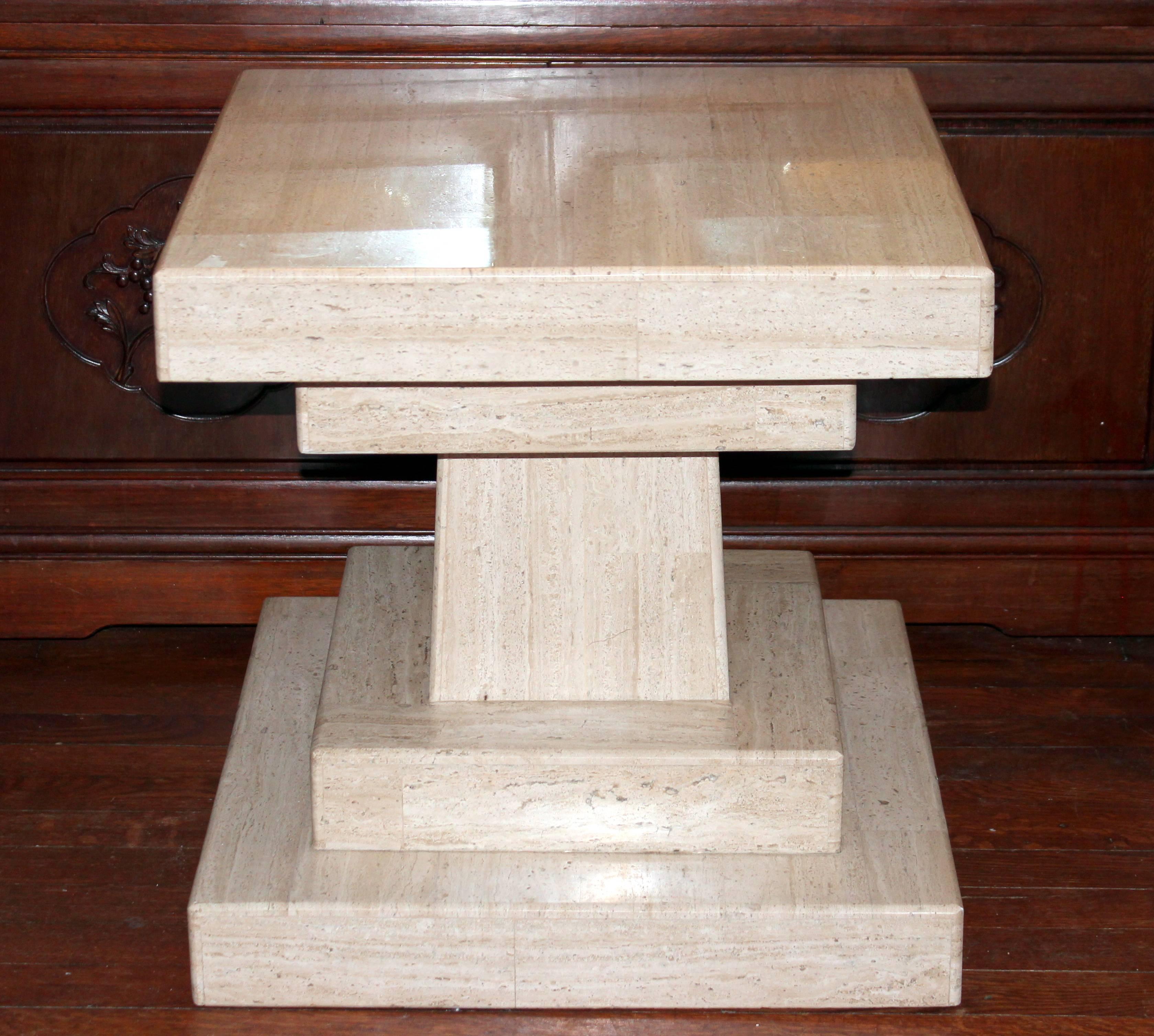 Vintage midcentury travertine side table or pedestal, circa 1970s. Interesting geometric form with soothing natural material. Tapered center support is nice detail. 21