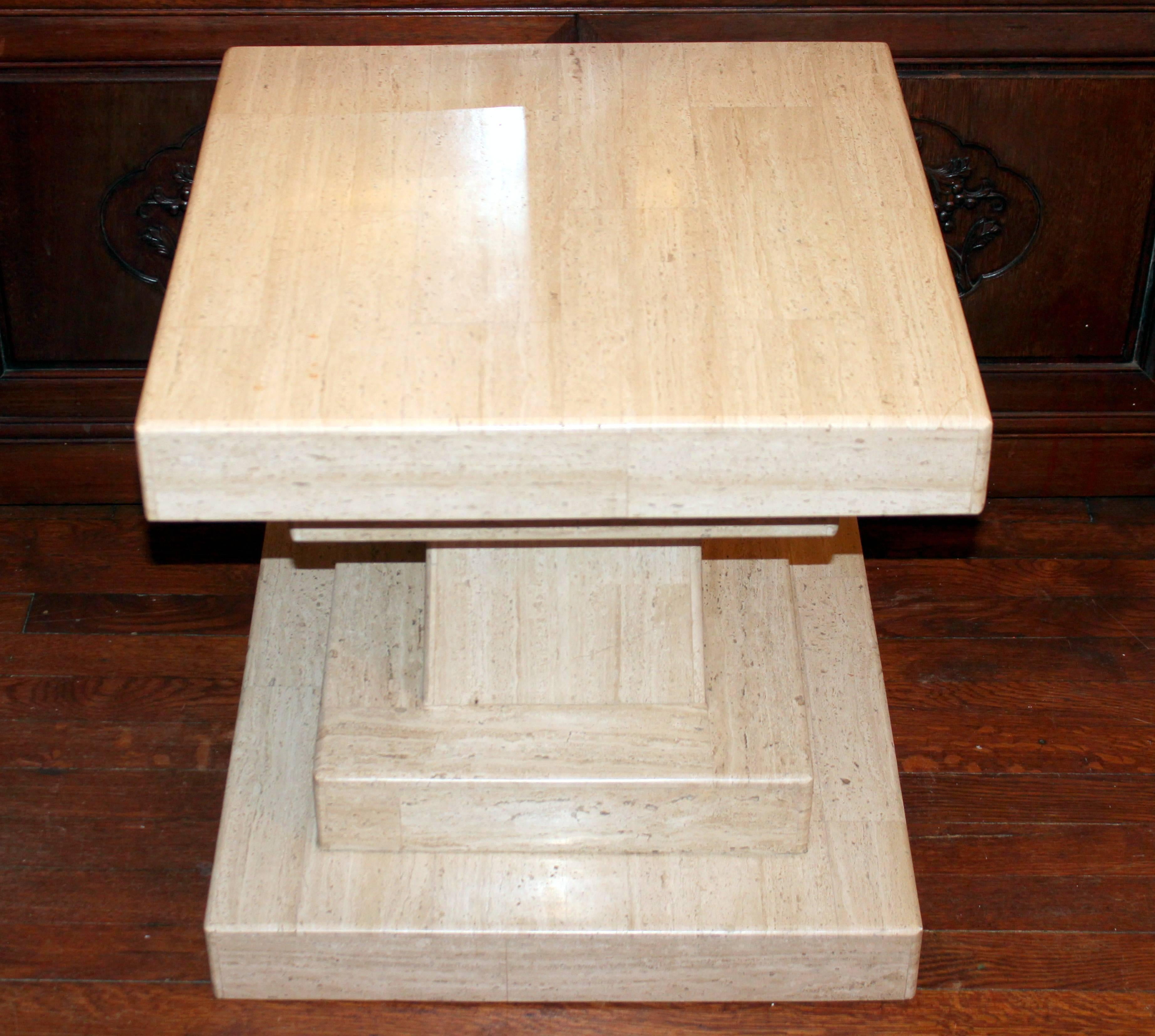American Vintage Midcentury Travertine Marble Modernist Villency Side Pedestal Table