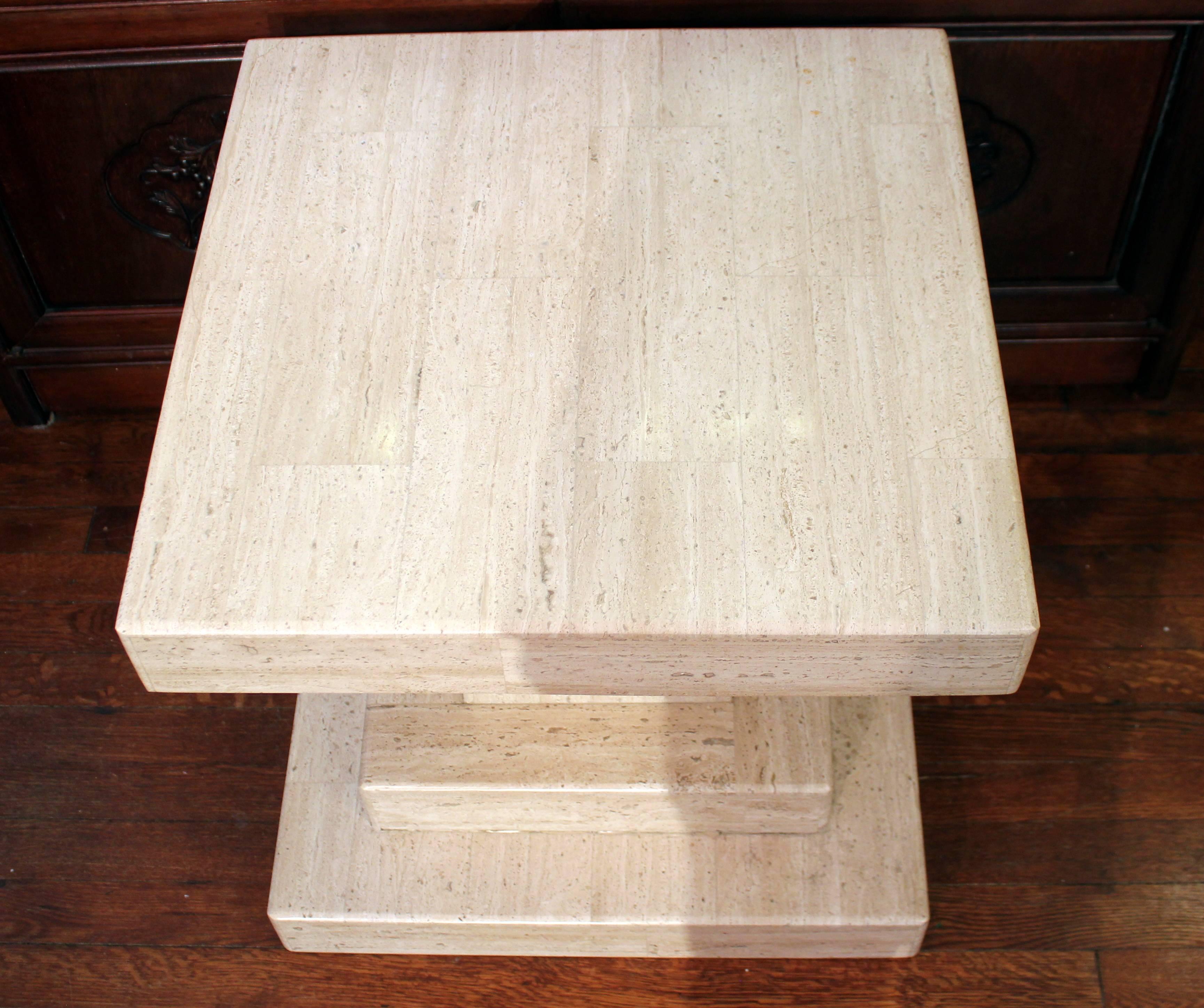 Polished Vintage Midcentury Travertine Marble Modernist Villency Side Pedestal Table