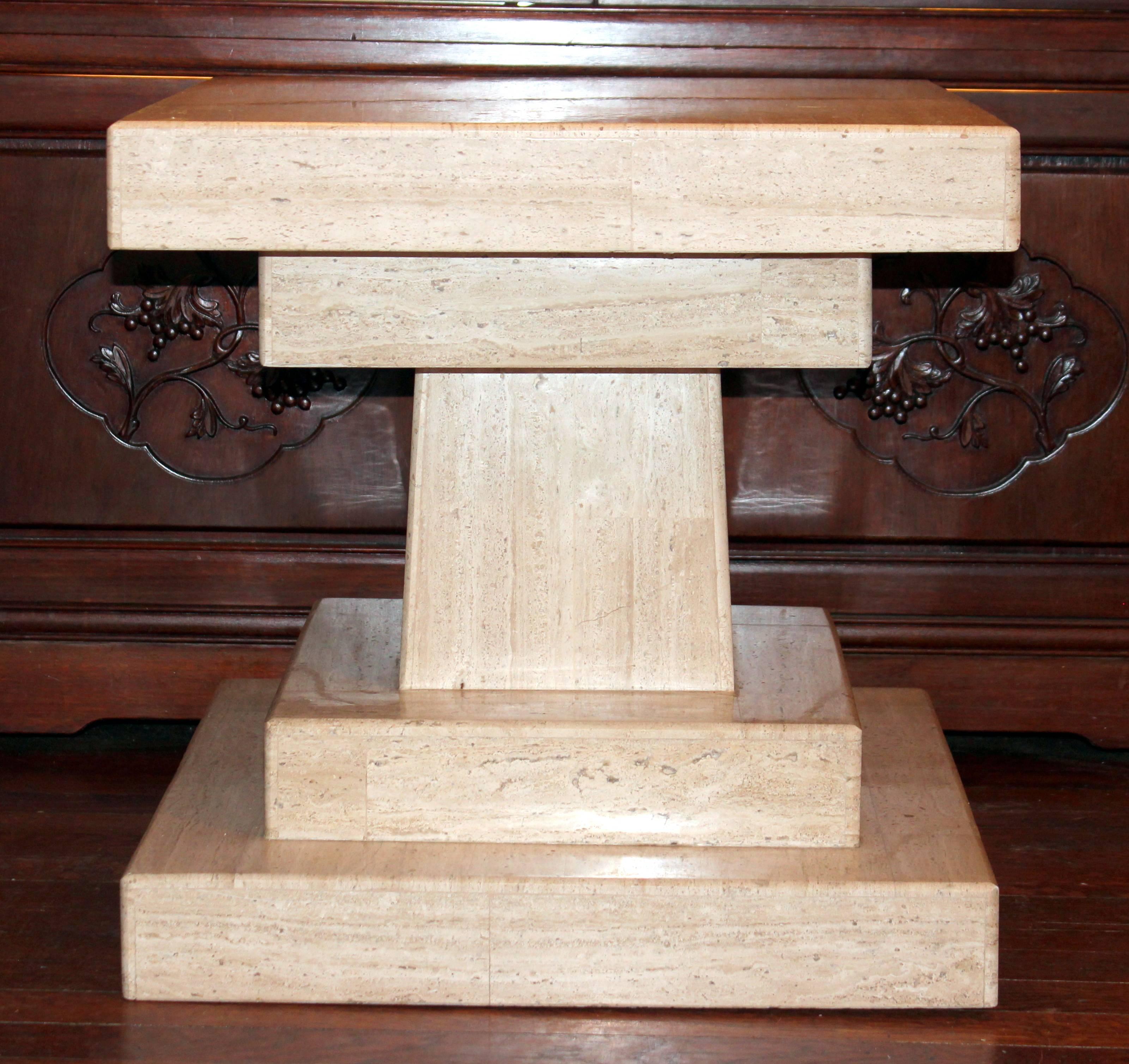 Vintage Midcentury Travertine Marble Modernist Villency Side Pedestal Table 1