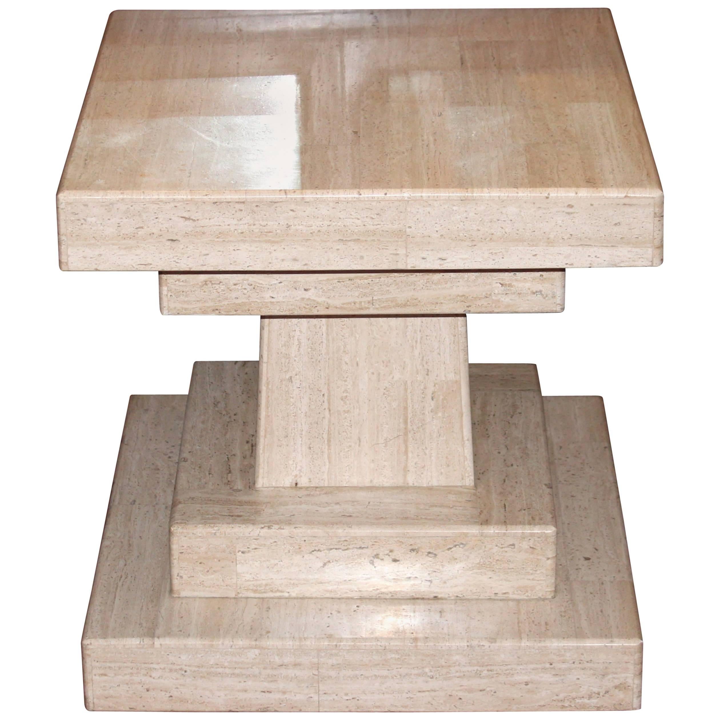 Vintage Midcentury Travertine Marble Modernist Villency Side Pedestal Table