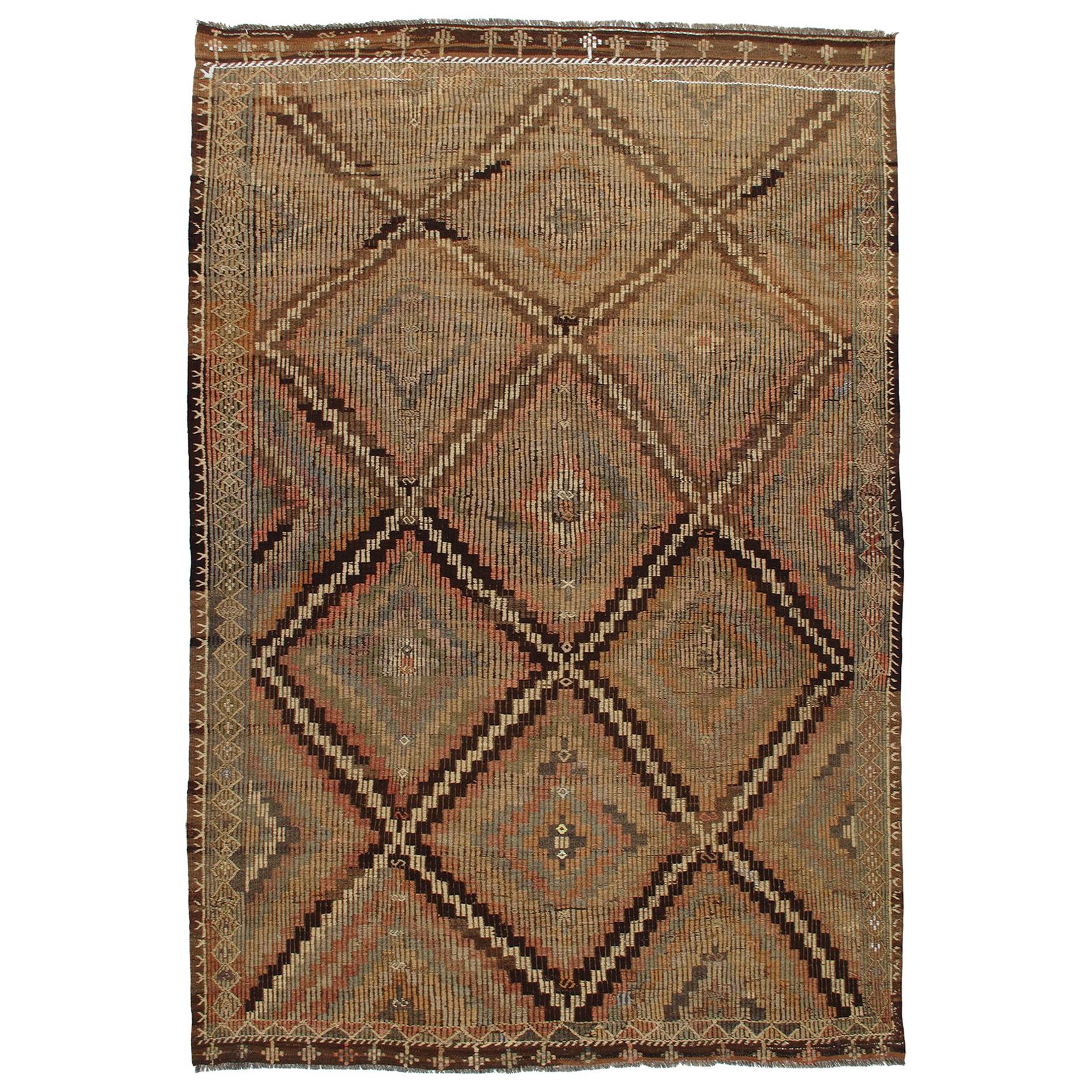 Vintage Midcentury Tribal Flat-Weave Rug For Sale