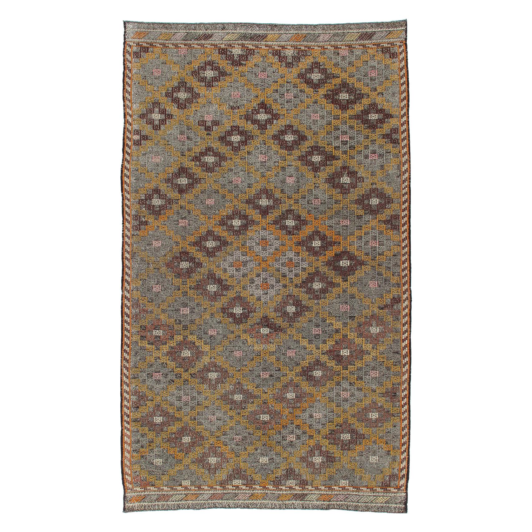 Vintage Midcentury Tribal Flat-Weave Rug For Sale