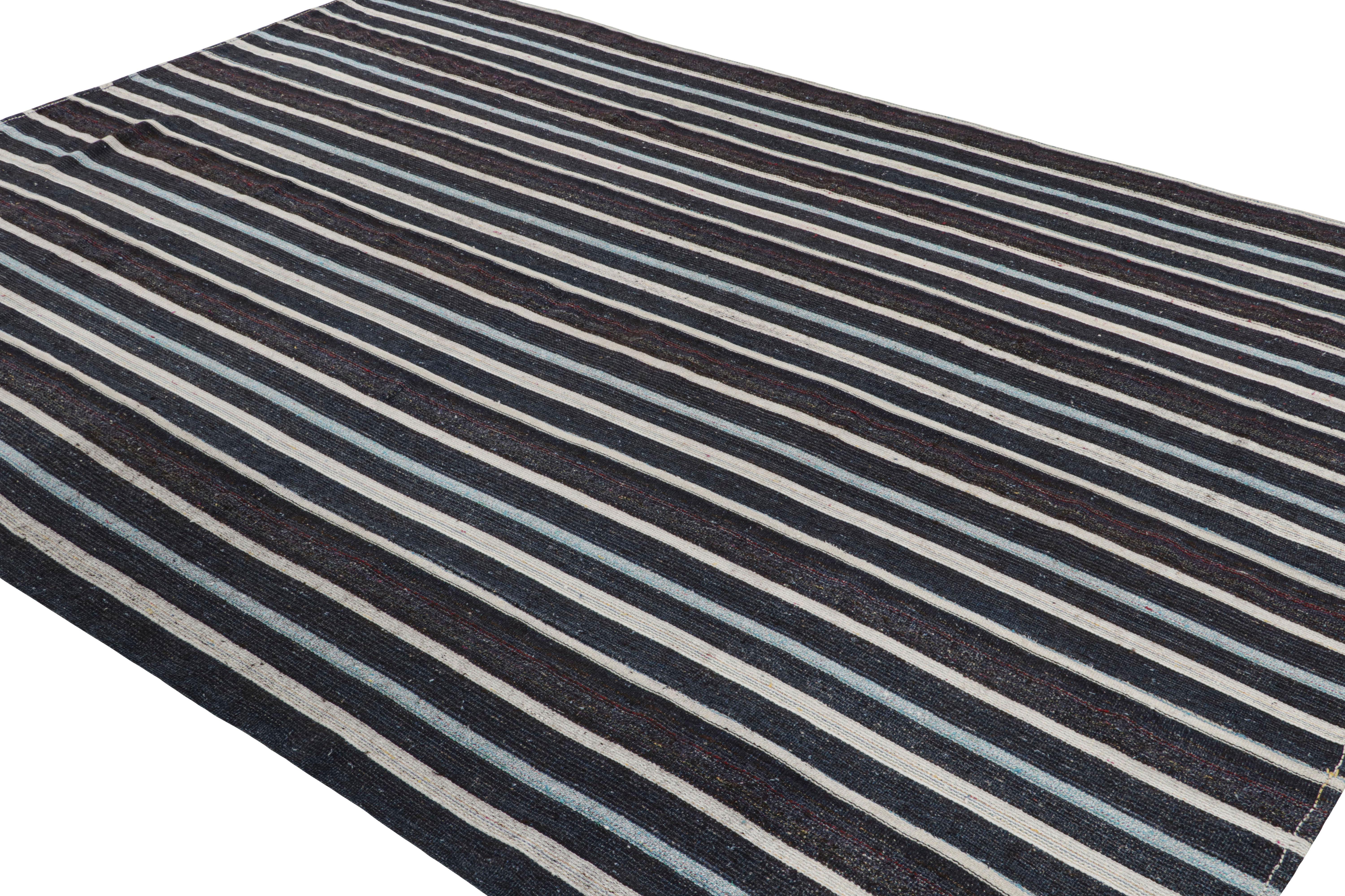 Vintage Midcentury Turkish in Wool Brown and Blue Striped Pattern by Rug & Kilim In Good Condition For Sale In Long Island City, NY