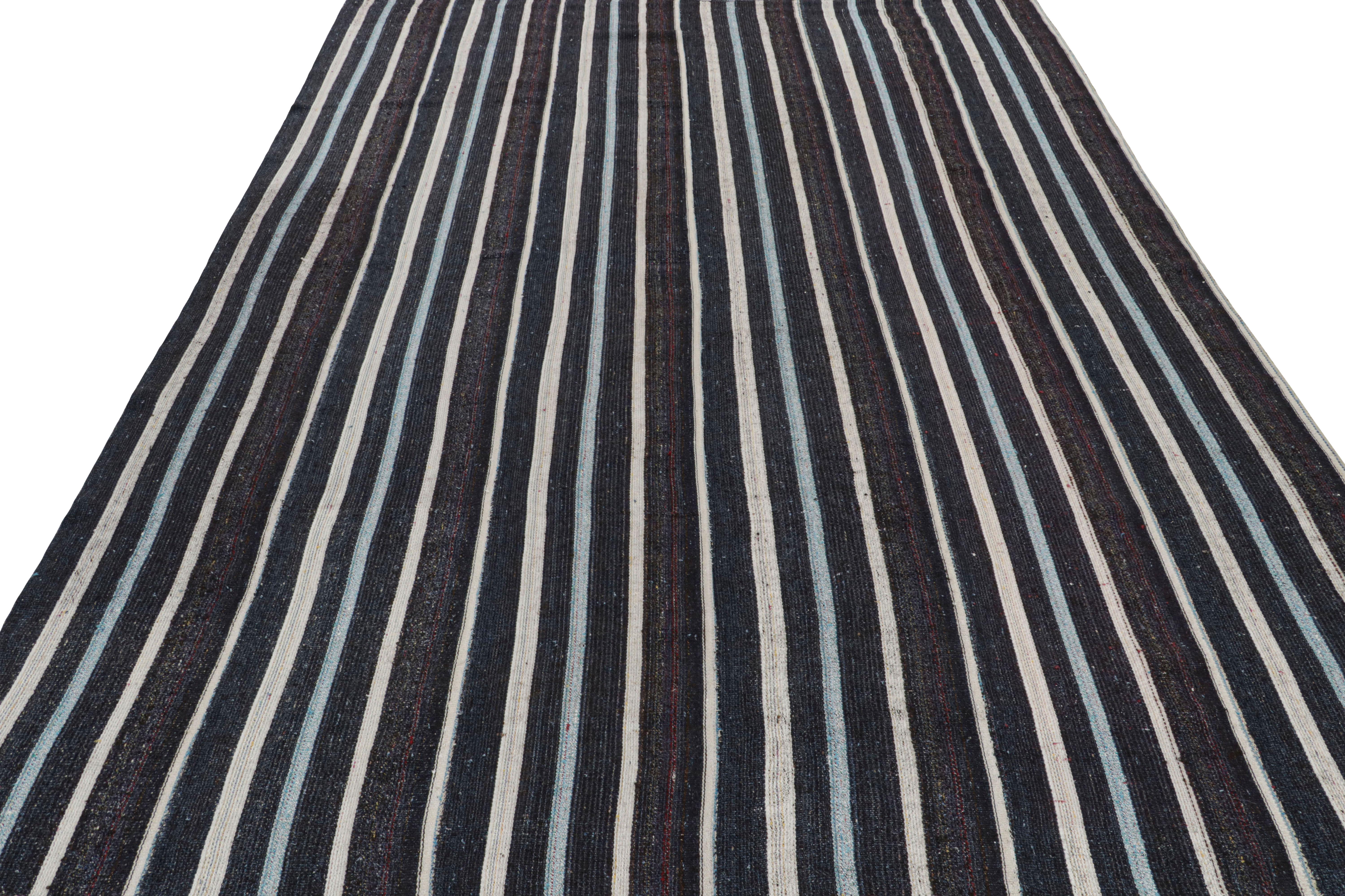 Mid-20th Century Vintage Midcentury Turkish in Wool Brown and Blue Striped Pattern by Rug & Kilim For Sale