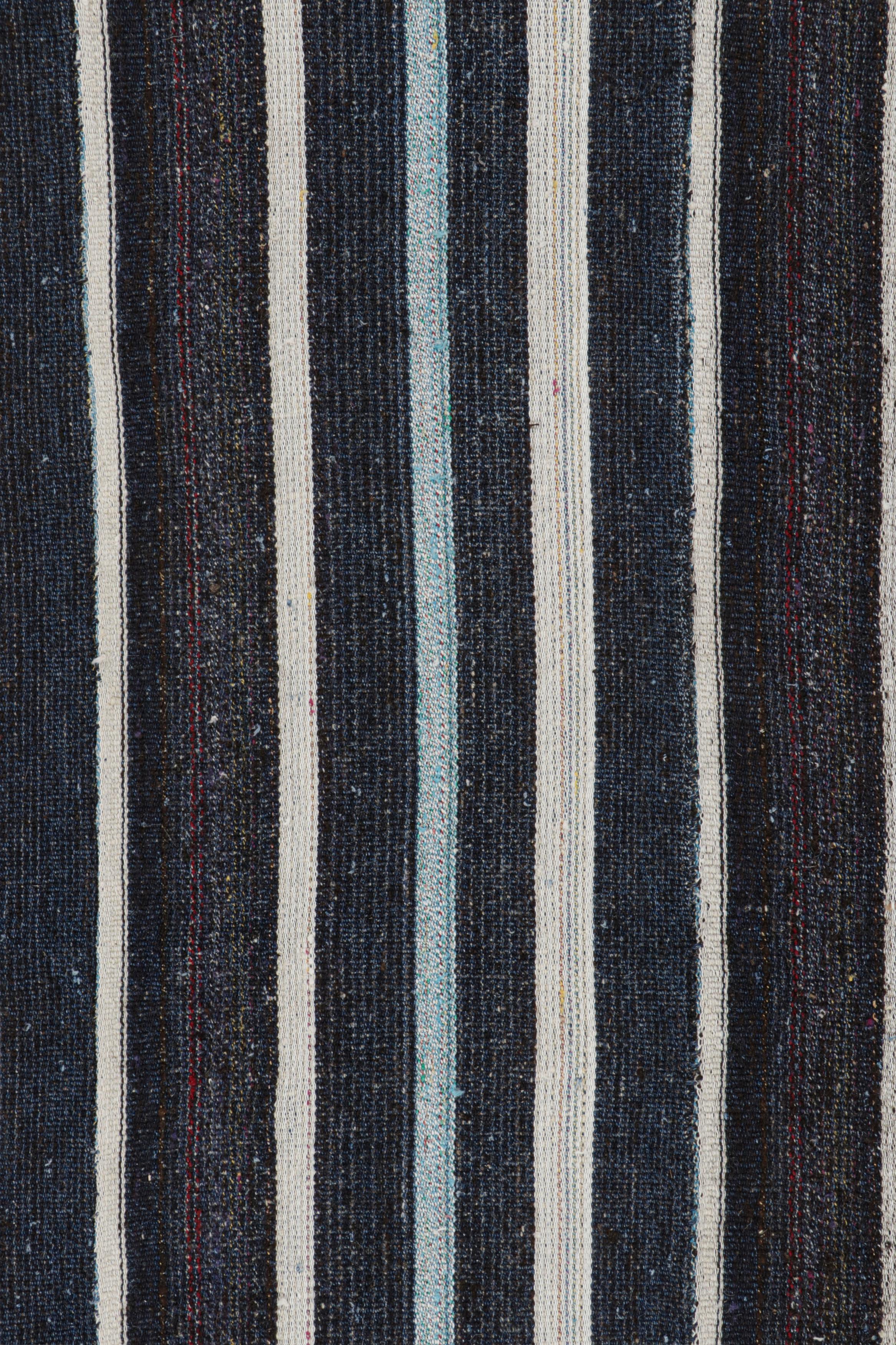 Vintage Midcentury Turkish in Wool Brown and Blue Striped Pattern by Rug & Kilim For Sale 1