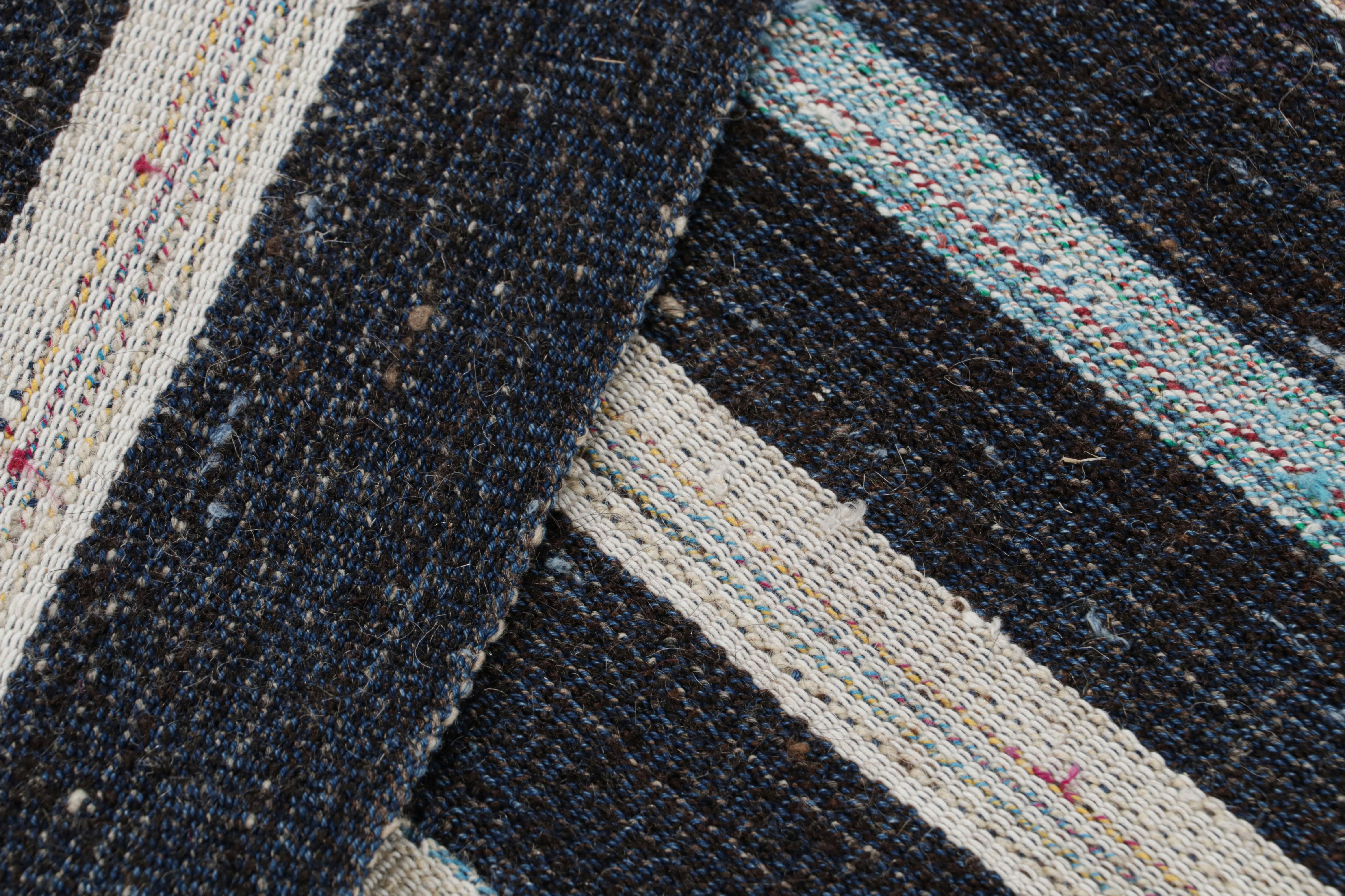Vintage Midcentury Turkish in Wool Brown and Blue Striped Pattern by Rug & Kilim For Sale 2