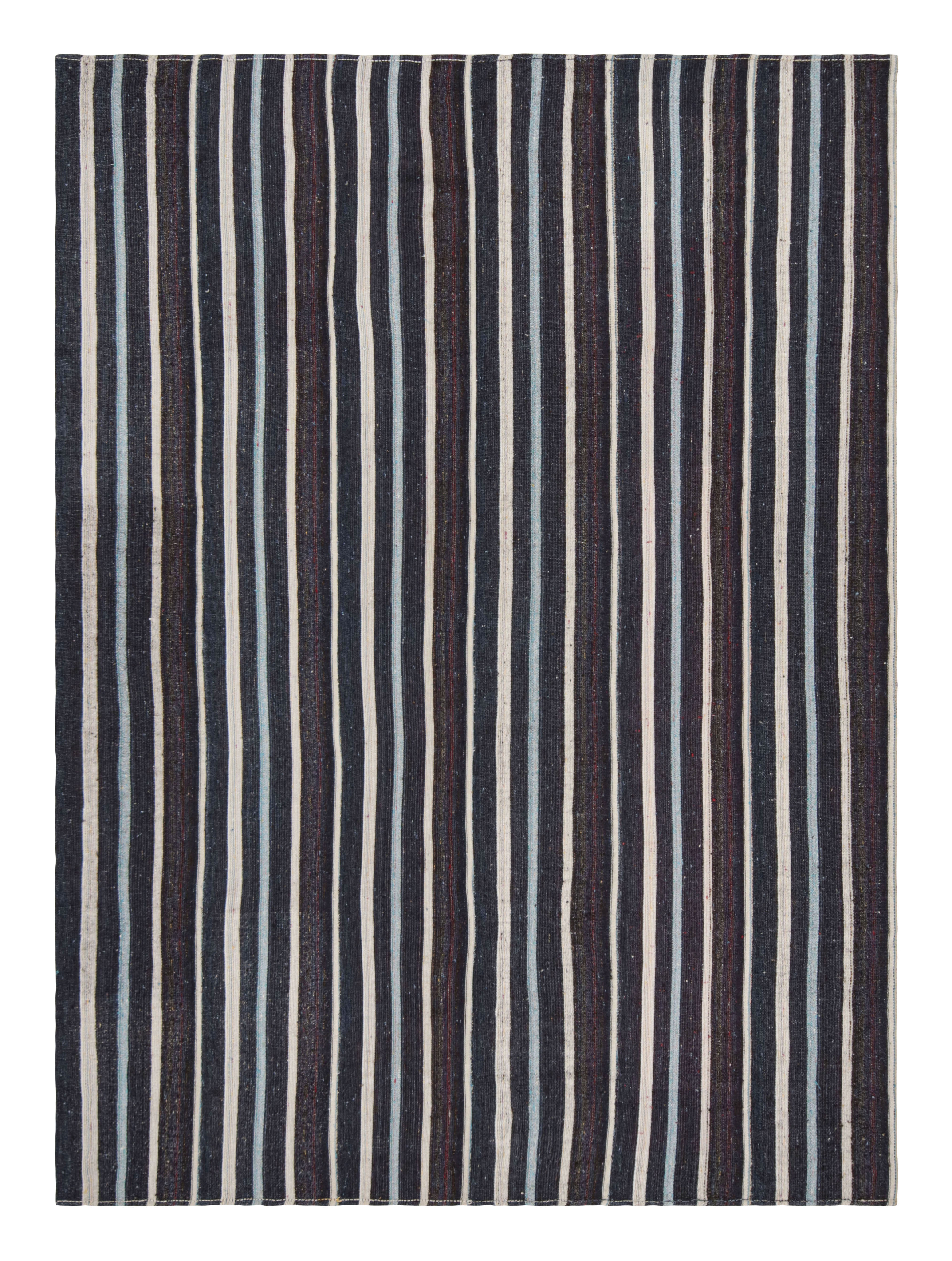 Vintage Midcentury Turkish in Wool Brown and Blue Striped Pattern by Rug & Kilim