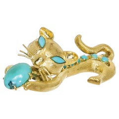 Vintage Midcentury Turquoise Yellow Gold Cat Brooch