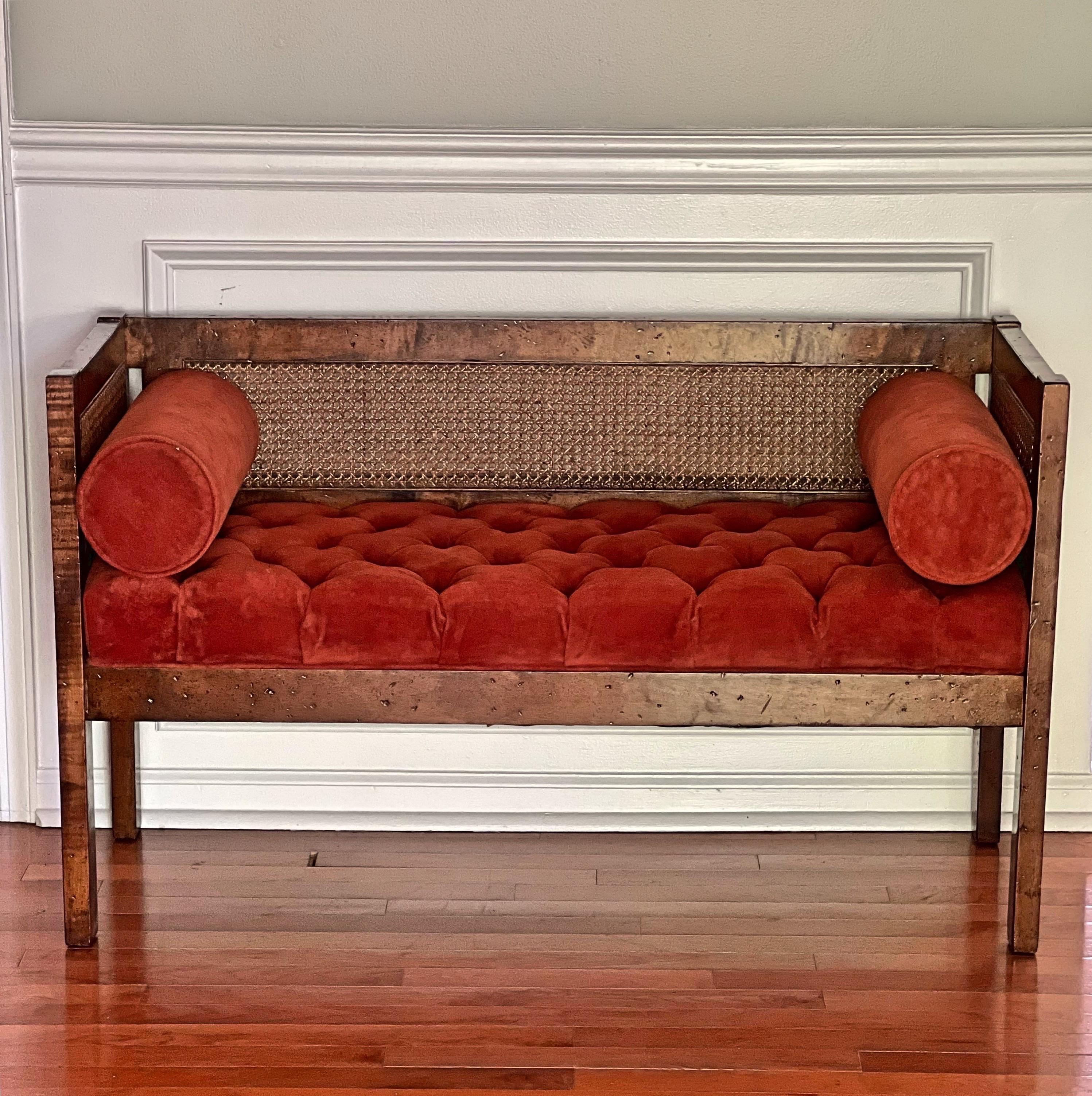 Caning Vintage Midcentury Upholstered Cane Parlor Bench