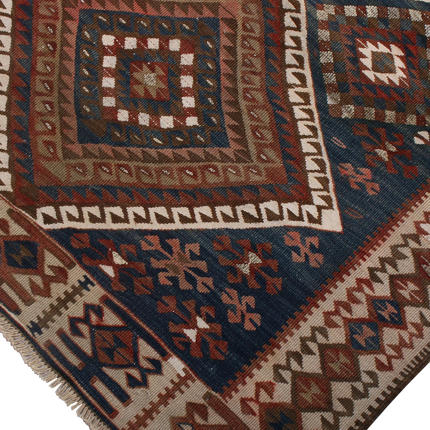 Turkish Vintage Beige-Brown and Blue Wool Kilim Rug with Diamond Pattern by Rug & Kilim For Sale