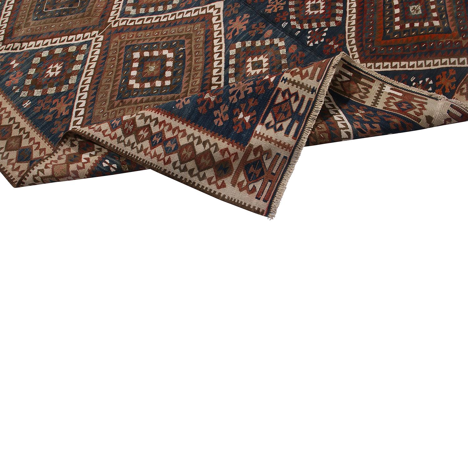 Mid-20th Century Vintage Beige-Brown and Blue Wool Kilim Rug with Diamond Pattern by Rug & Kilim For Sale