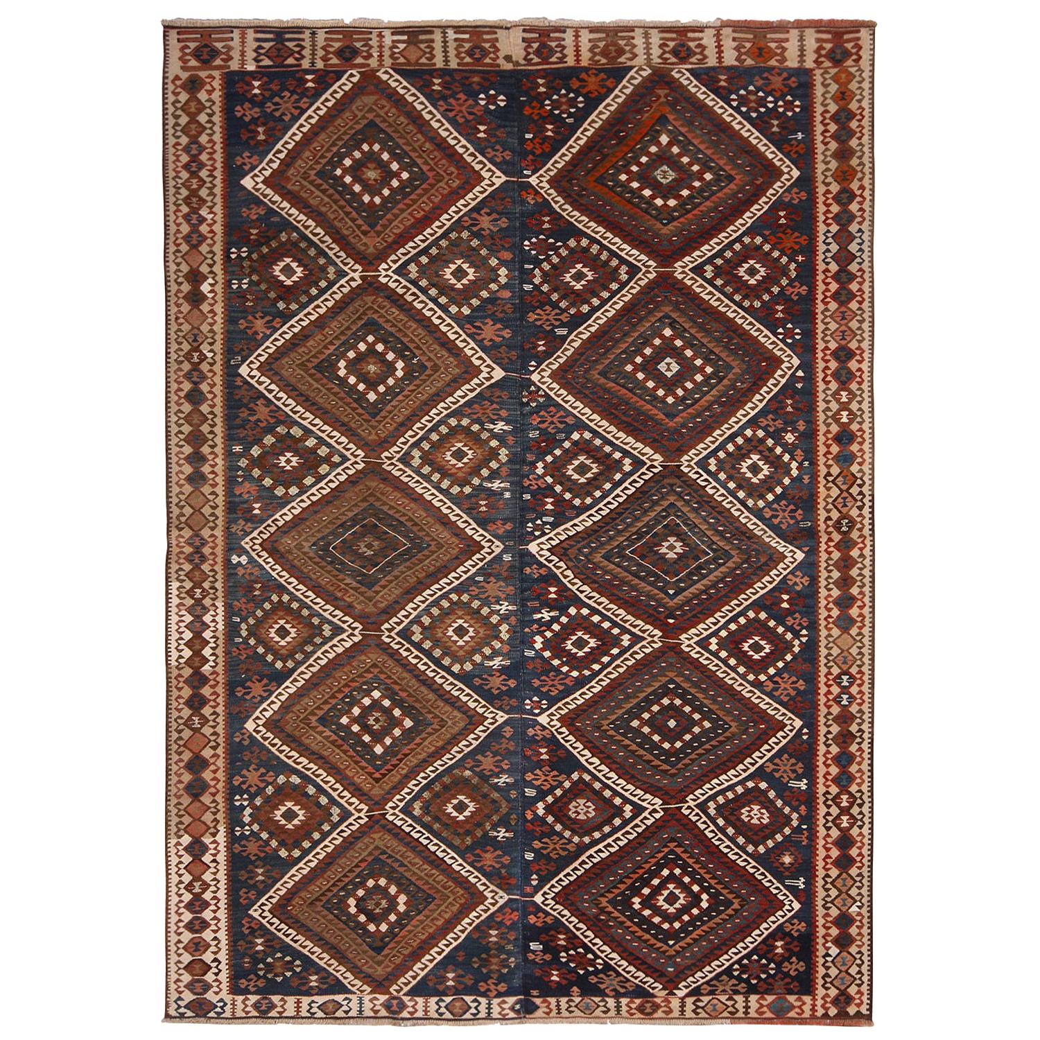 Vintage Beige-Brown and Blue Wool Kilim Rug with Diamond Pattern by Rug & Kilim