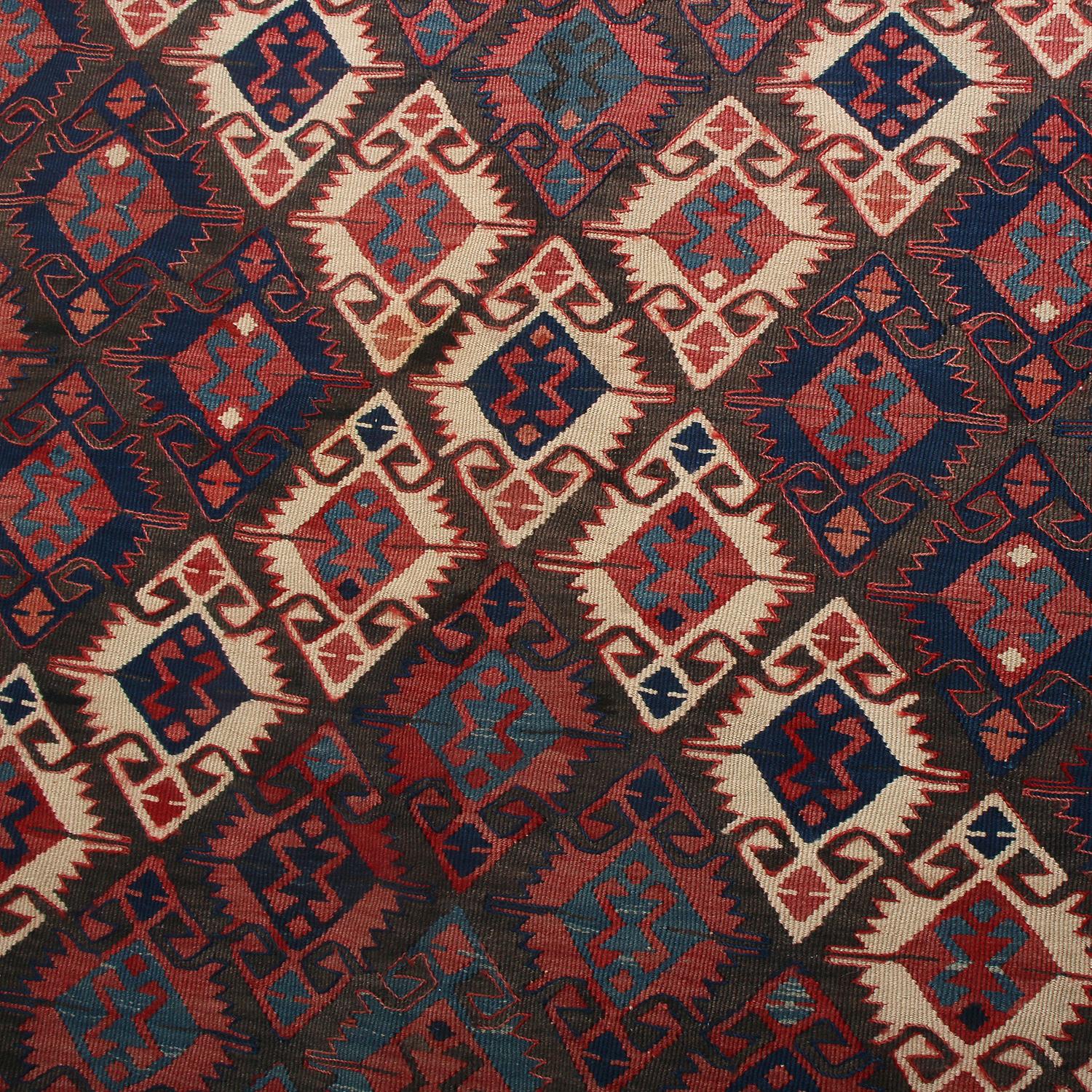Turkish Vintage Midcentury Brown and Red Wool Kilim Rug with Blue Accents by Rug & Kilim For Sale