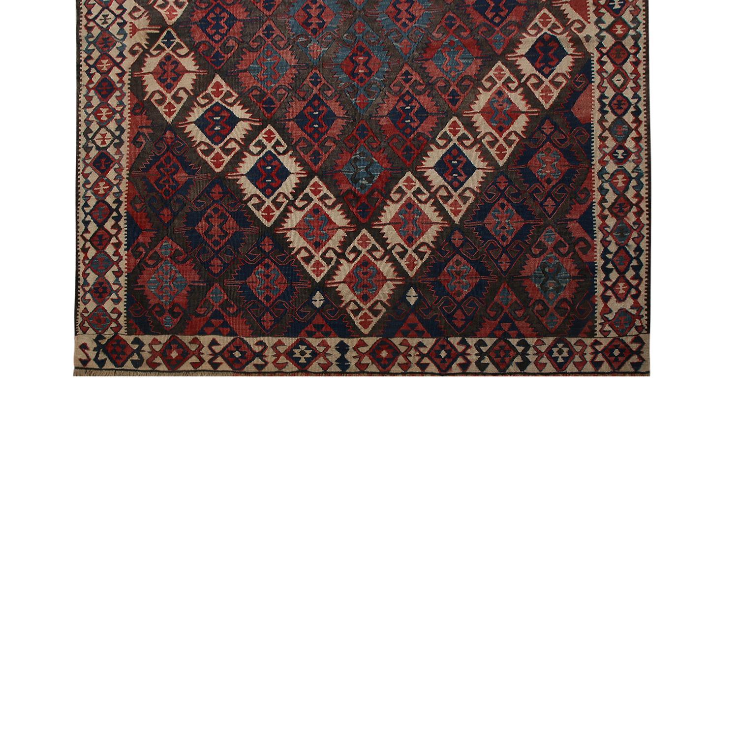 Brauner und roter Woll-Kelim-Teppich aus der Mitte des Jahrhunderts mit blauen Akzenten von Teppich & Kelim (Handgewebt) im Angebot