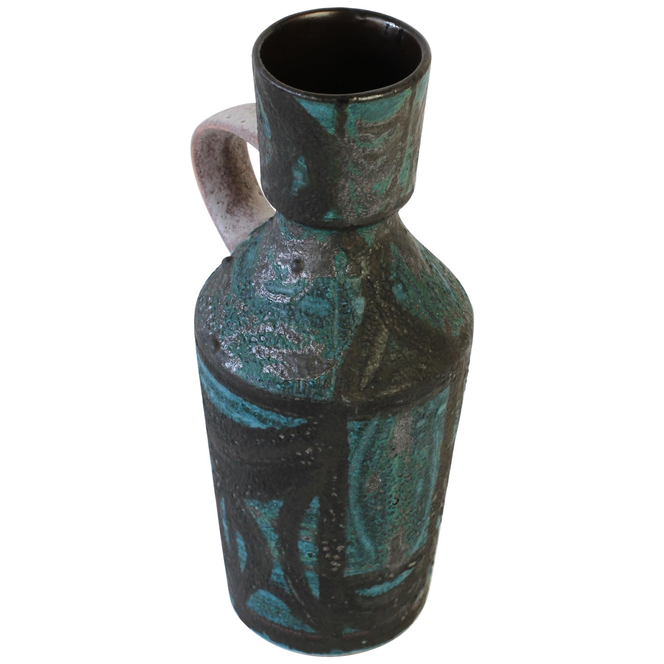 Vintage Midcentury Vase with Green and Black Lava Glaze Accents