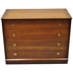Vintage Midcentury Walnut 4-Drawer Campaign Brass Pulls Bachelor Chest Dresser