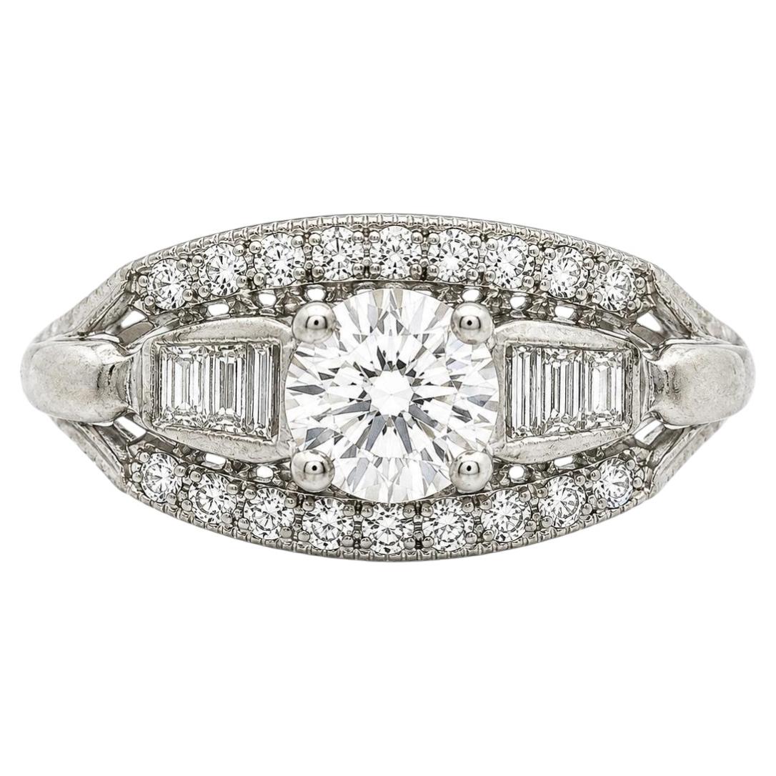 Vintage Midcentury White Gold 1.3ctw Diamond Solitaire w/ Baguette Sides Ring For Sale