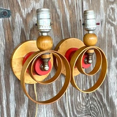 Vintage Mid-Century Wooden Wall Sconces, Pair