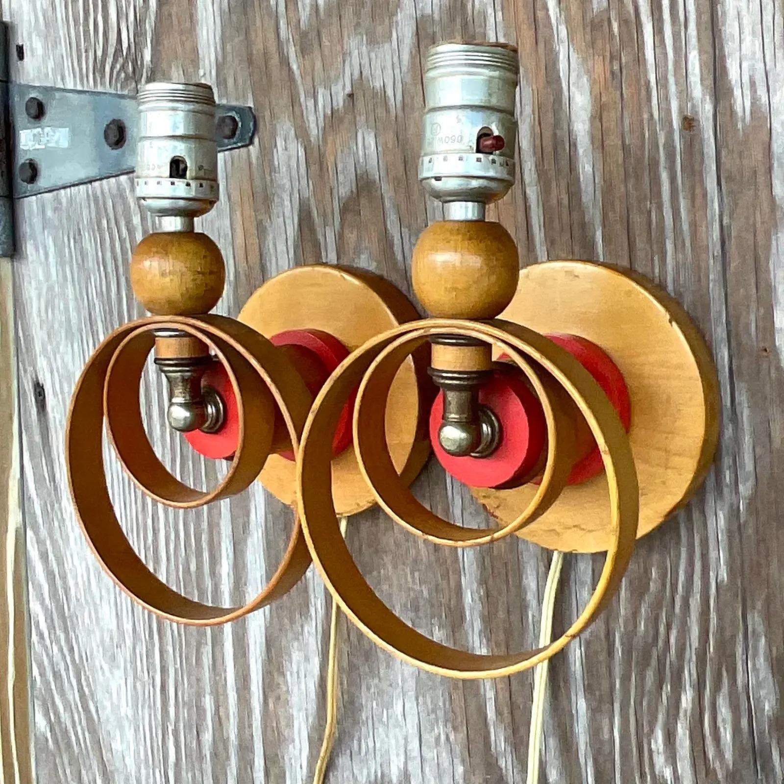 North American Vintage Mid-Century Wooden Wall Sconces, Pair