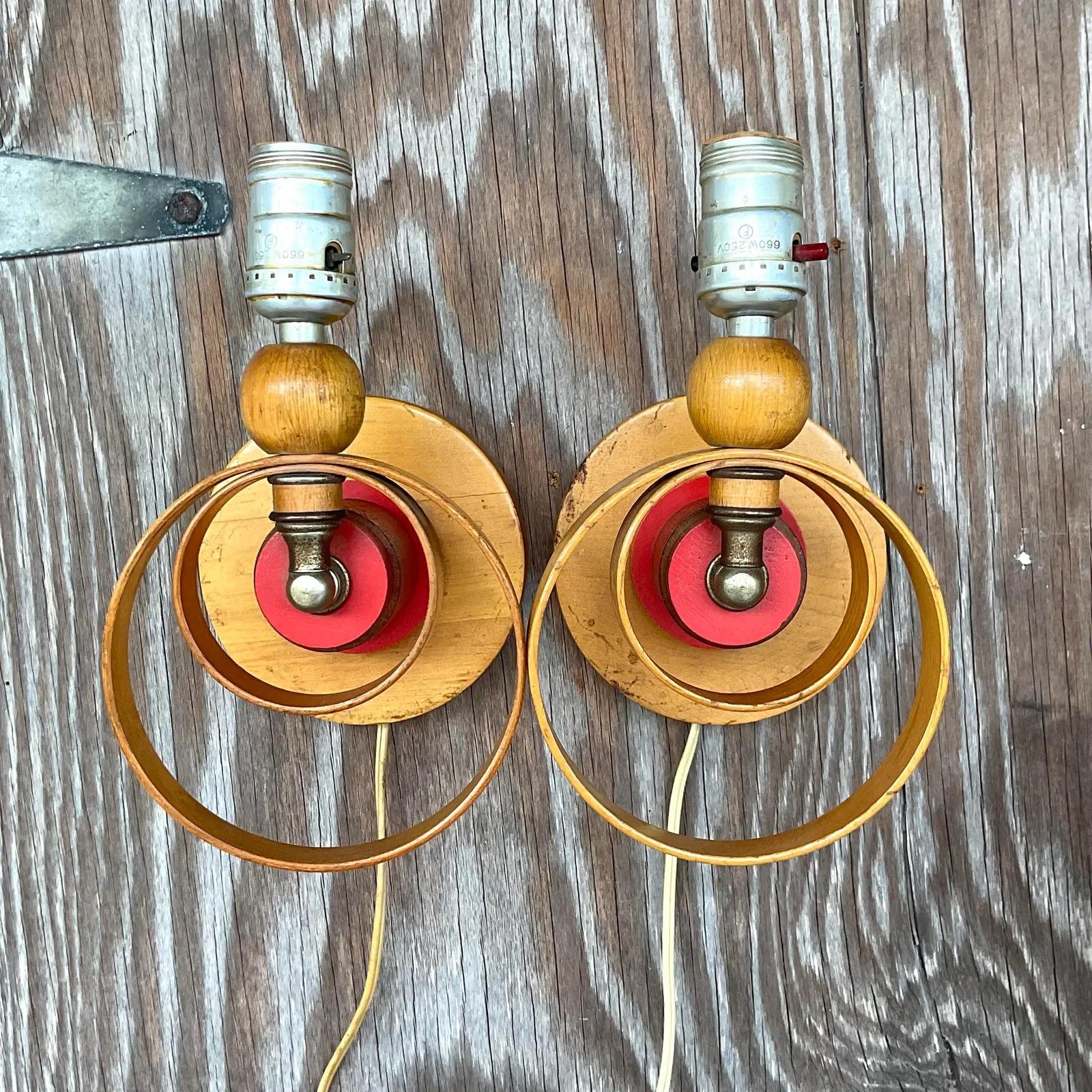 20th Century Vintage Mid-Century Wooden Wall Sconces, Pair
