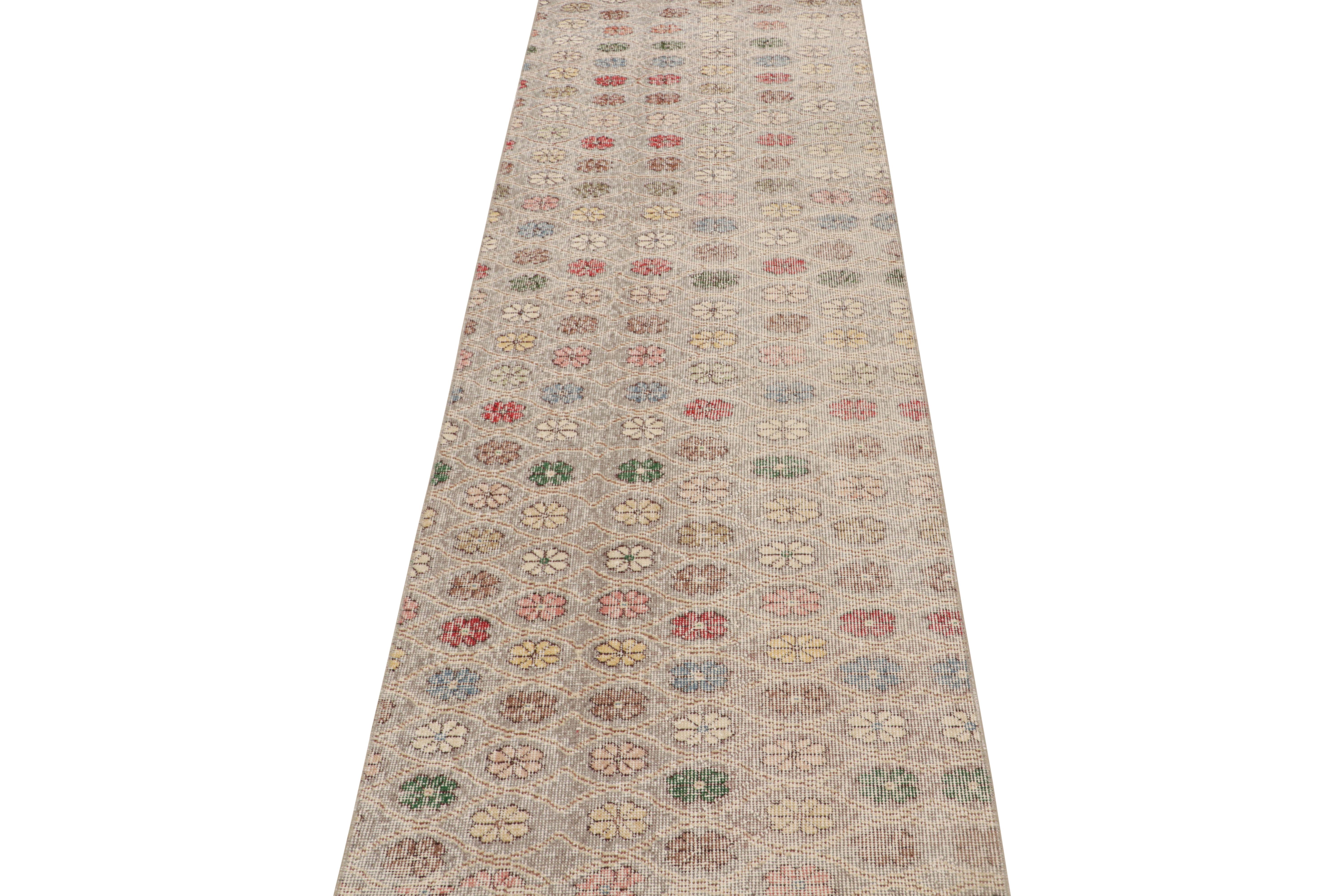 Hand-Knotted Vintage Midcentury Wool Runner with Multi-Color Floral Pattern by Rug & Kilim For Sale