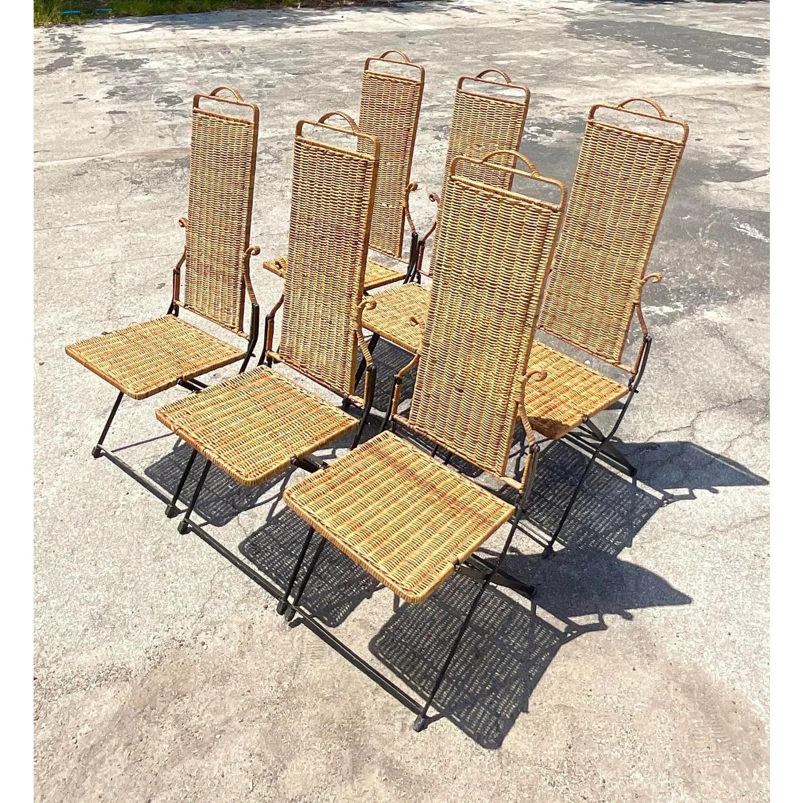 Vintage Midcentury Woven Rattan Folding Dining Chairs - Set of 6 In Good Condition In west palm beach, FL