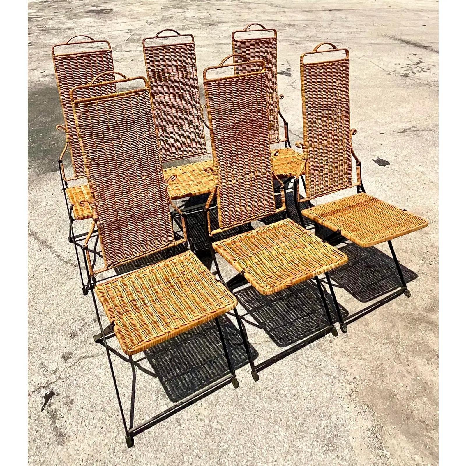 20th Century Vintage Midcentury Woven Rattan Folding Dining Chairs - Set of 6