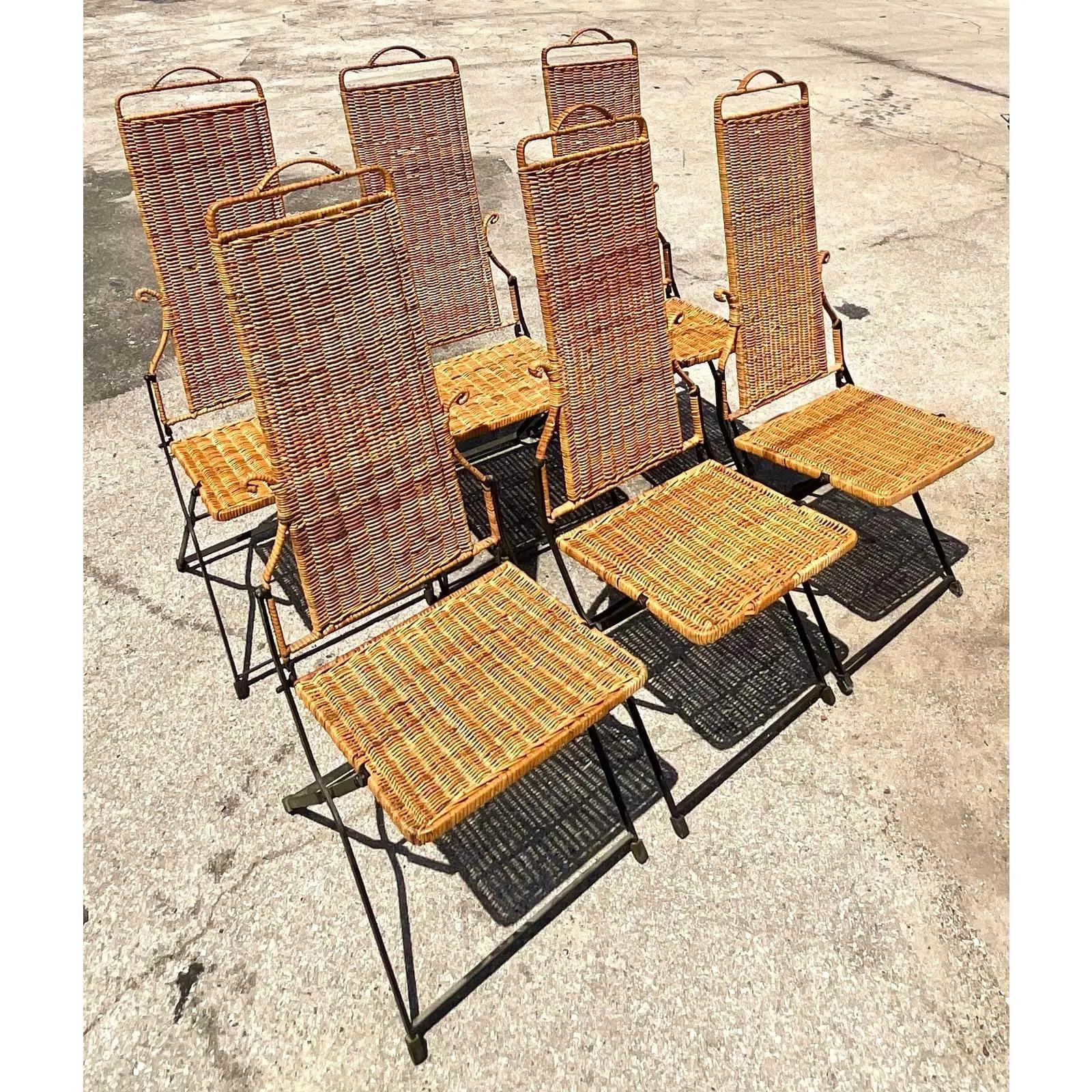 Metal Vintage Midcentury Woven Rattan Folding Dining Chairs - Set of 6