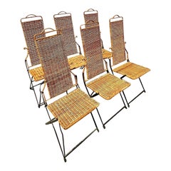 Vintage Midcentury Woven Rattan Folding Dining Chairs - Set of 6