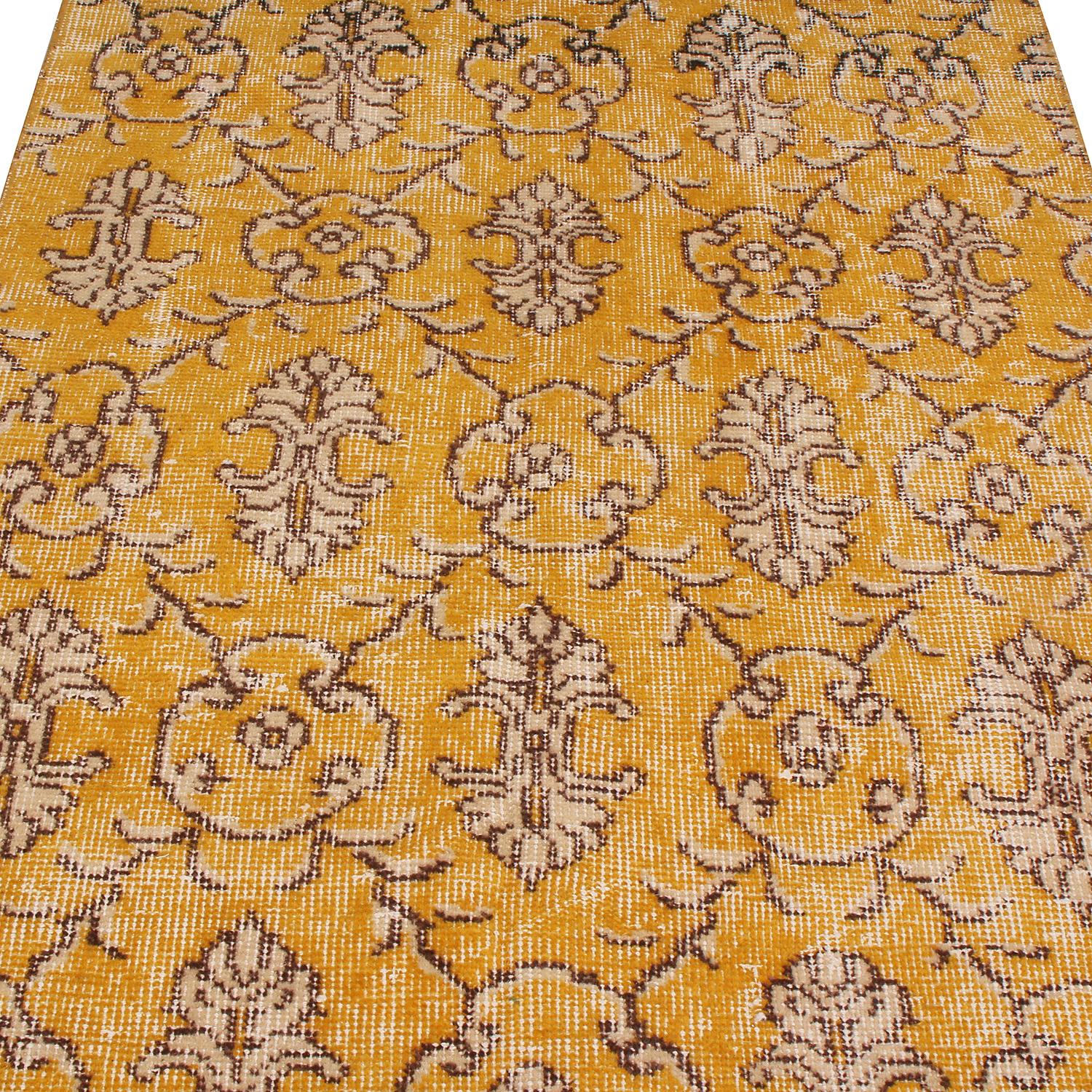 Turkish Vintage Midcentury Yellow Wool Runner with Black White Accents by Rug & Kilim For Sale