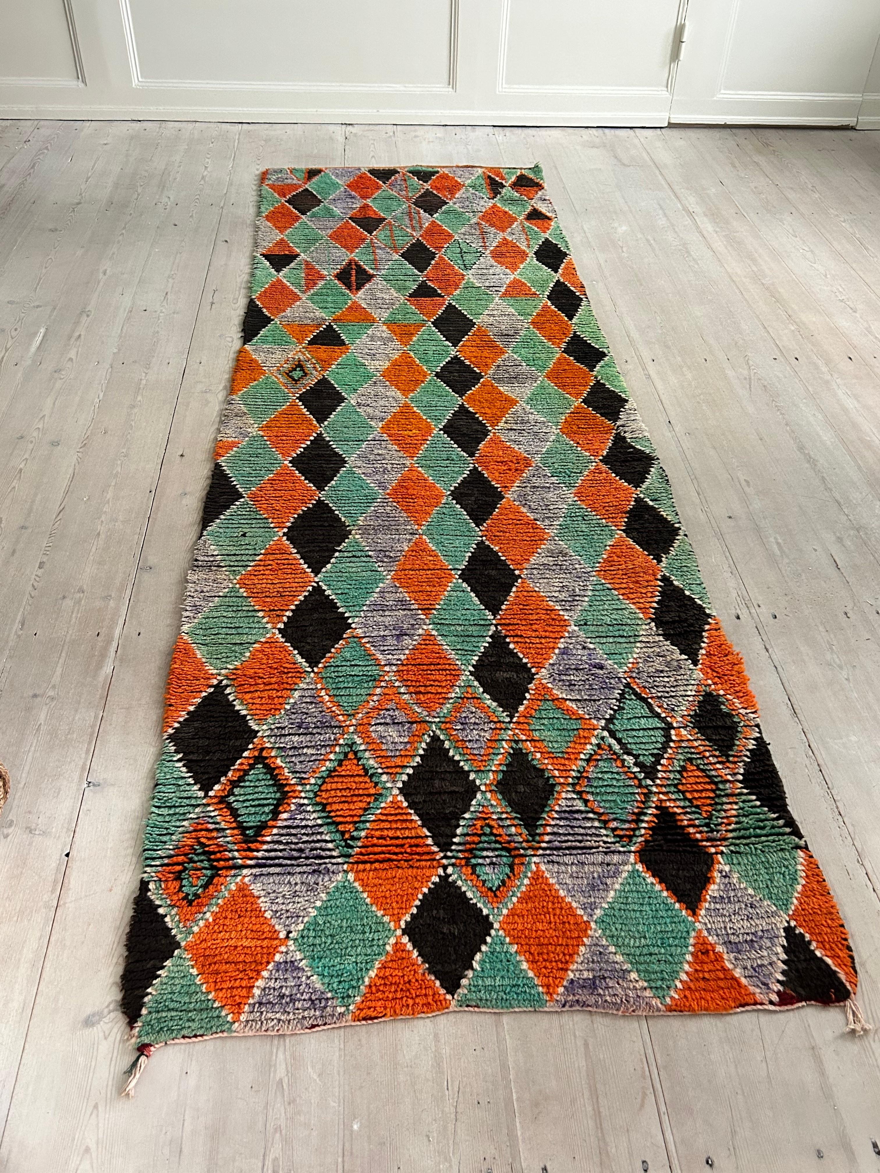 Moroccan Vintage Middle Atlas Harlequin Runner in Orange and Green, Morocco, 20th Century For Sale