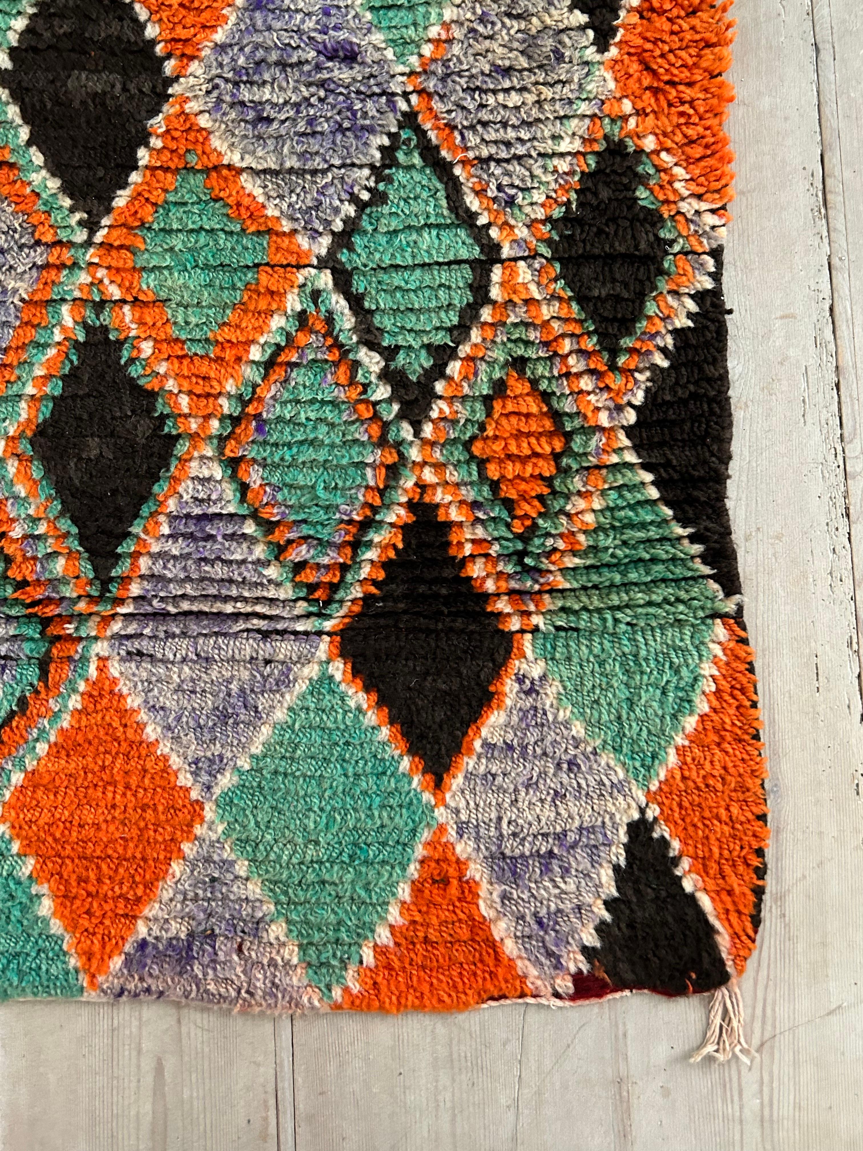 Hand-Crafted Vintage Middle Atlas Harlequin Runner in Orange and Green, Morocco, 20th Century For Sale